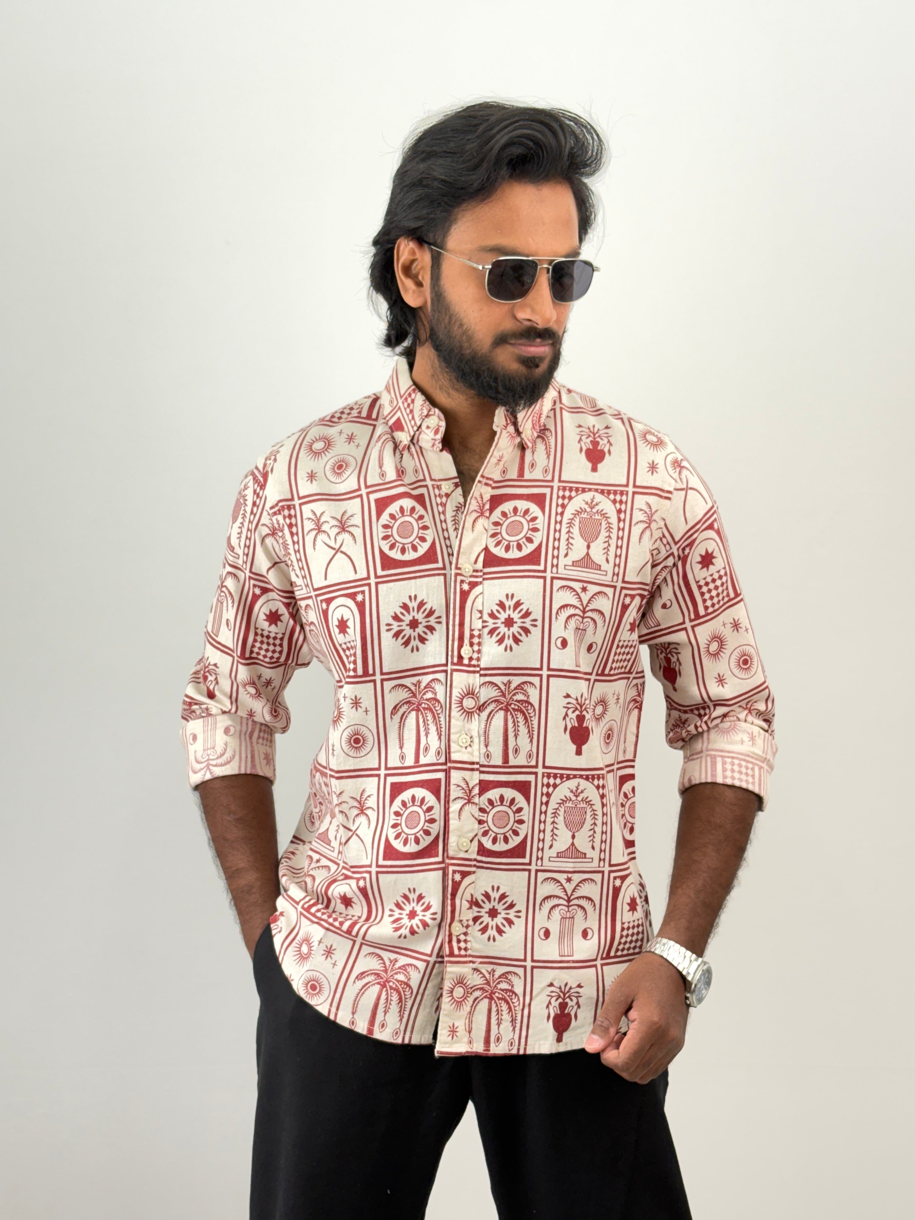 Red Linen Printed Shirt