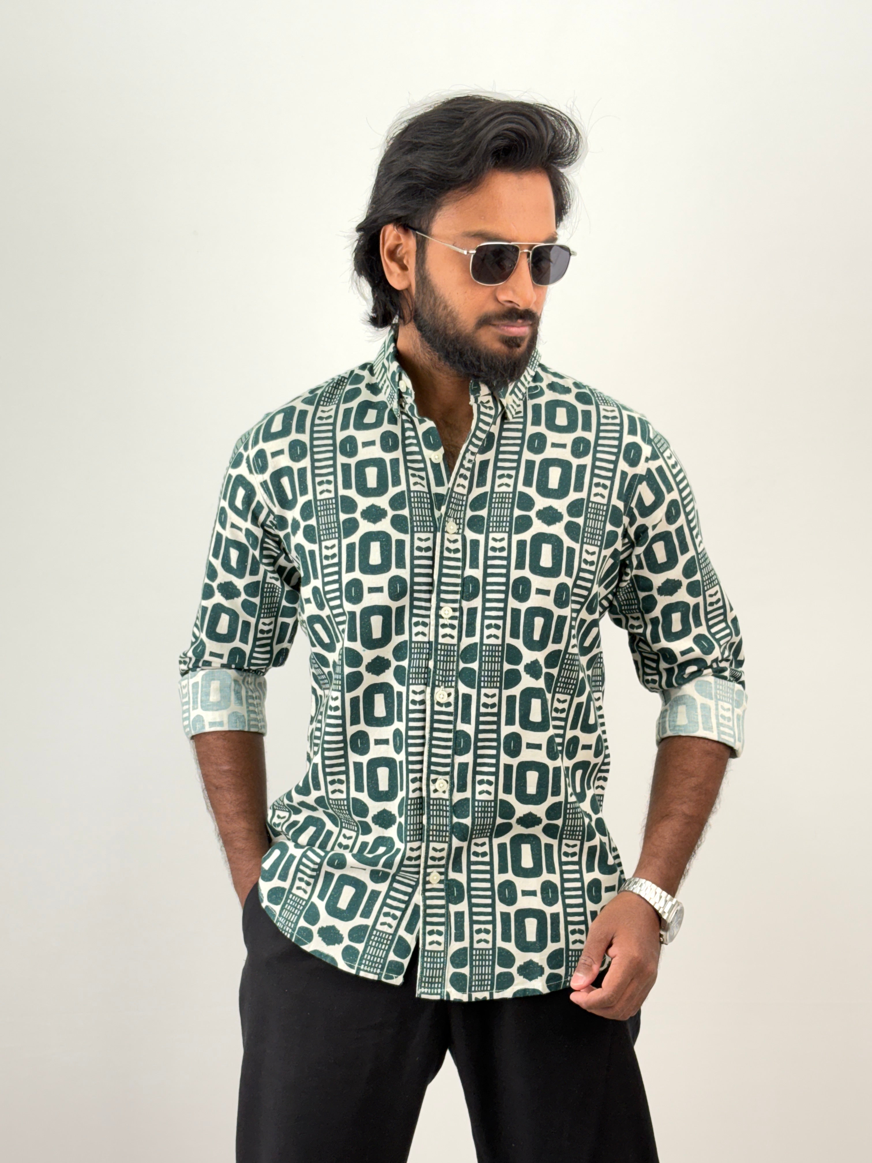Dark Green Linen Printed Shirt