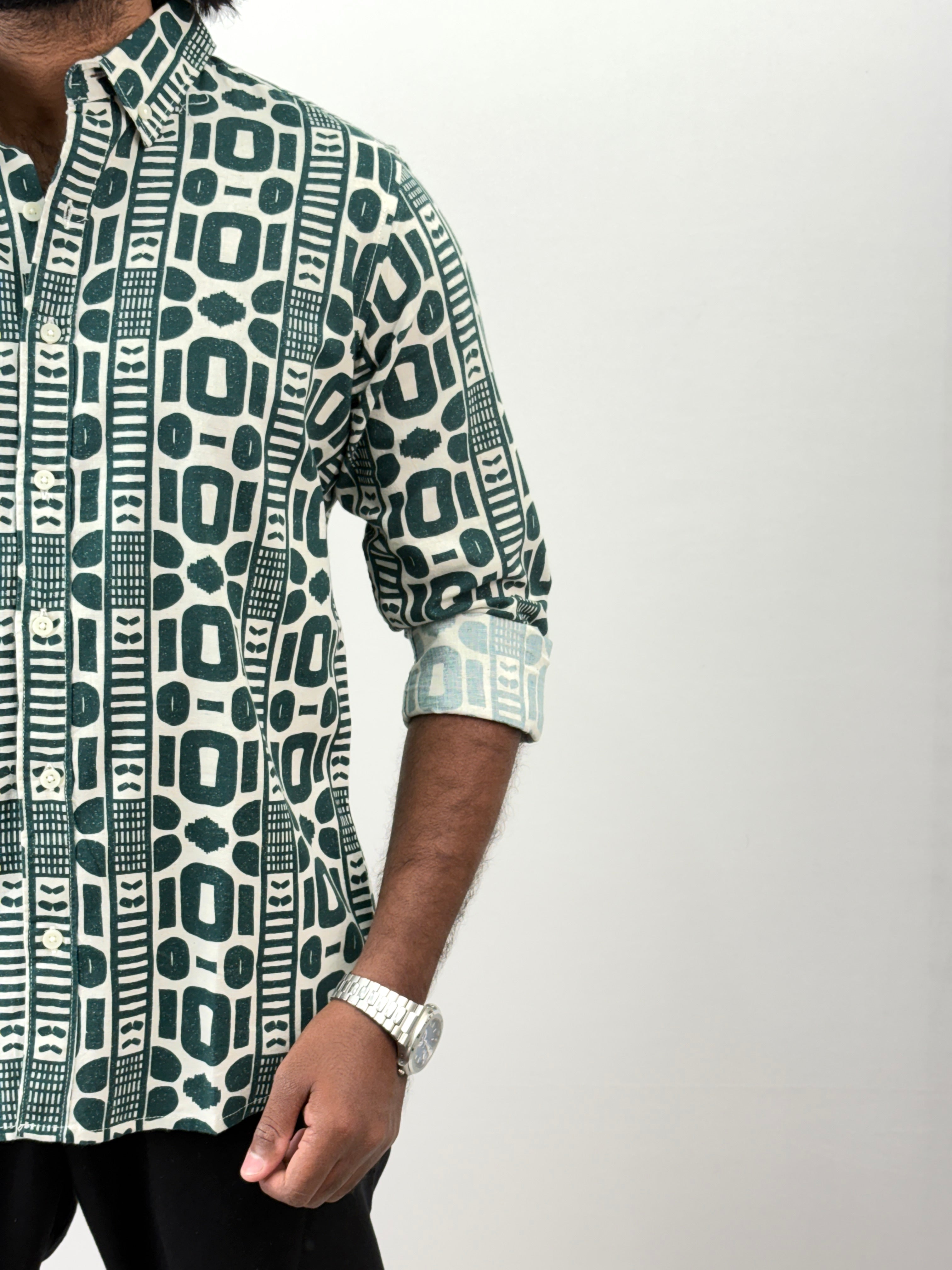 Dark Green Linen Printed Shirt