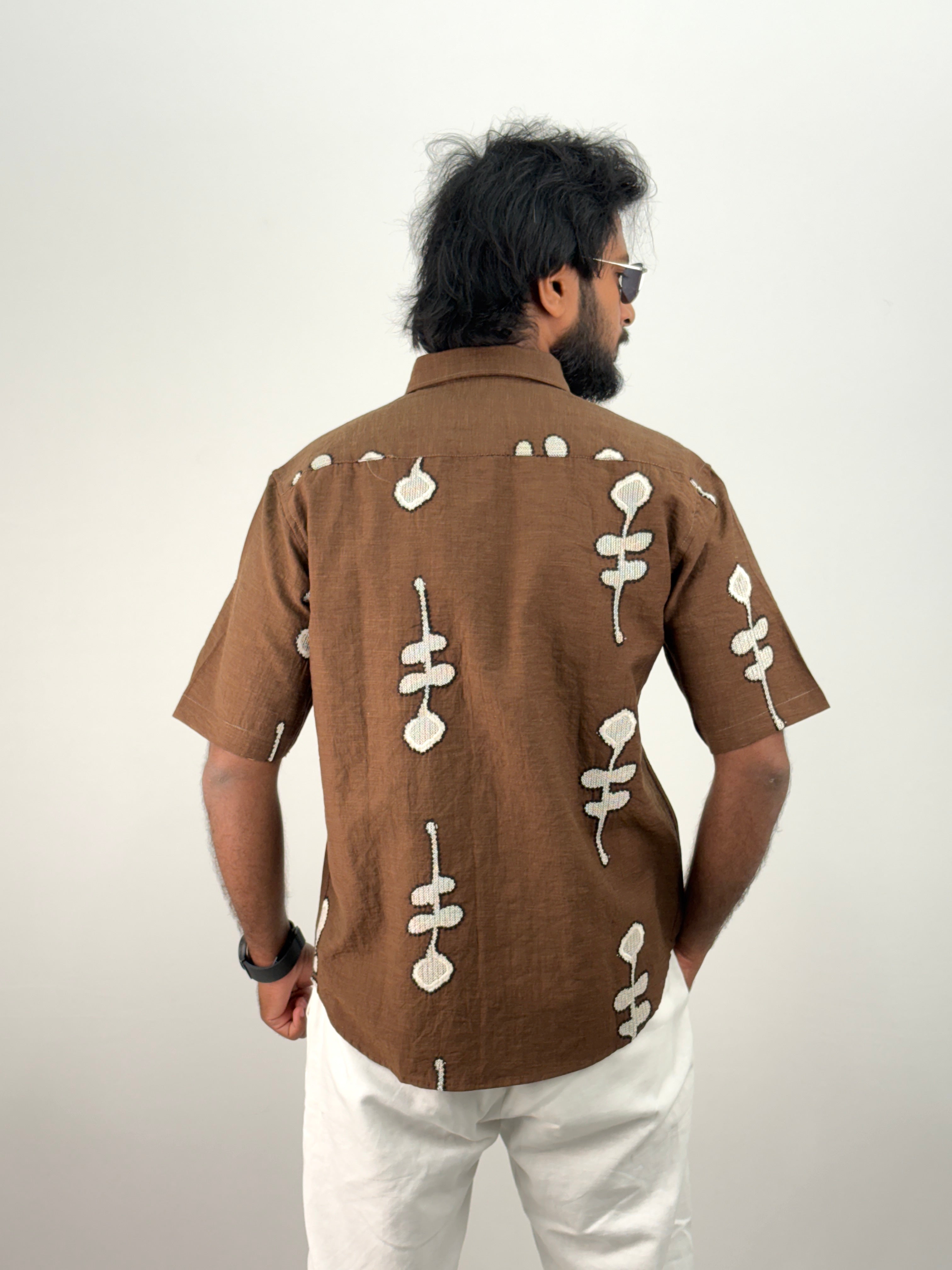 Brown Half Sleeve Embroidery Shirt