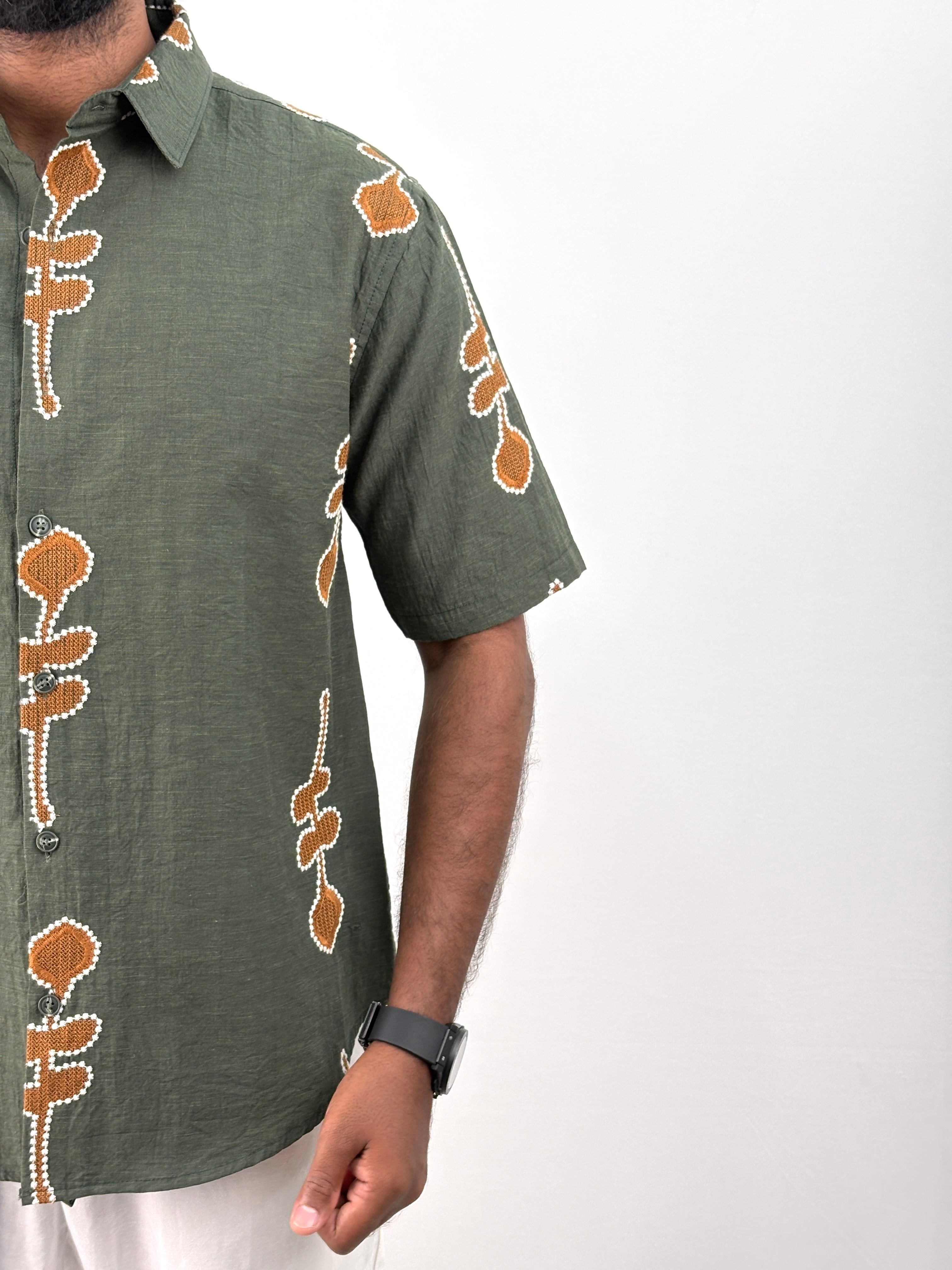Green Half Sleeve Embroidery Shirt