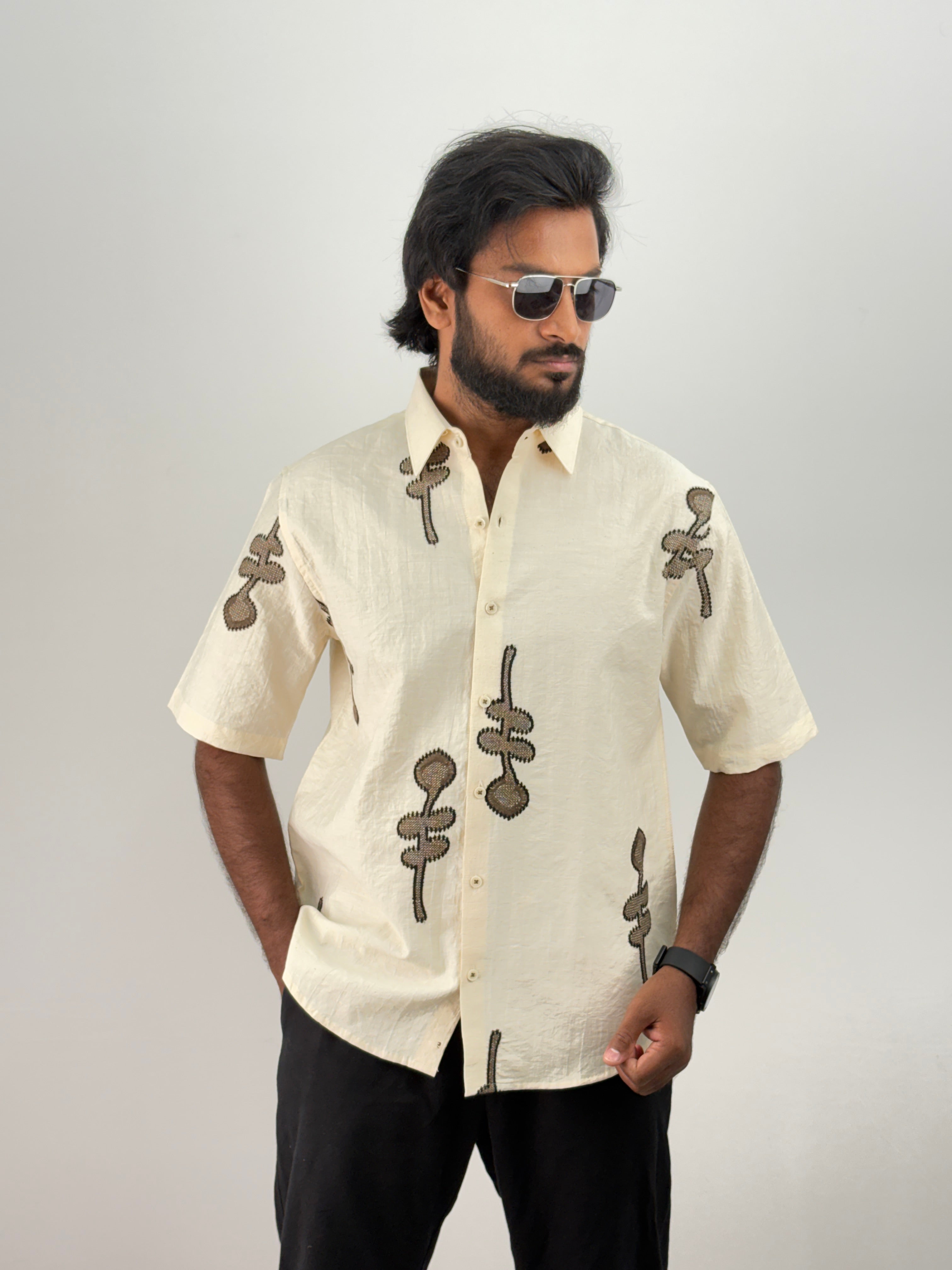 Cream Half Sleeve Embroidery Shirt