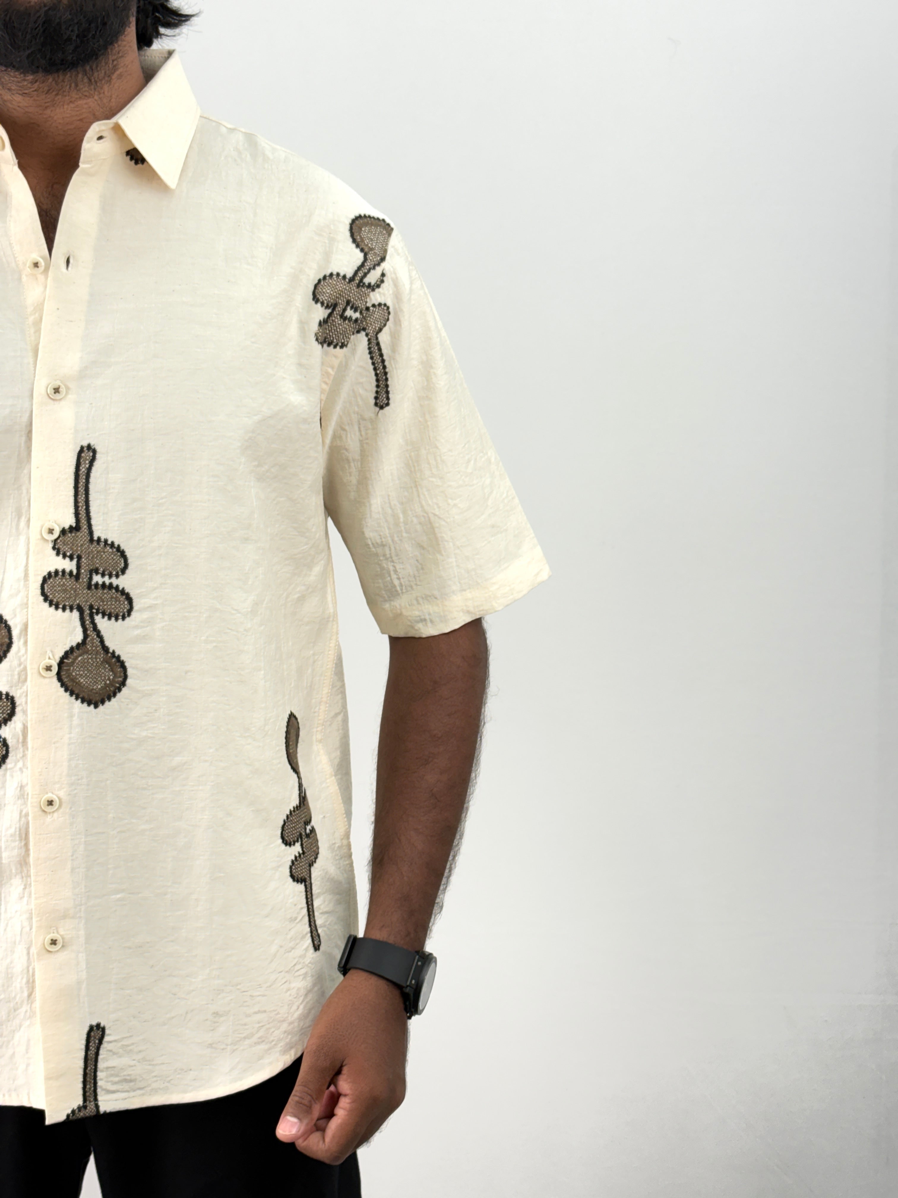 Cream Half Sleeve Embroidery Shirt