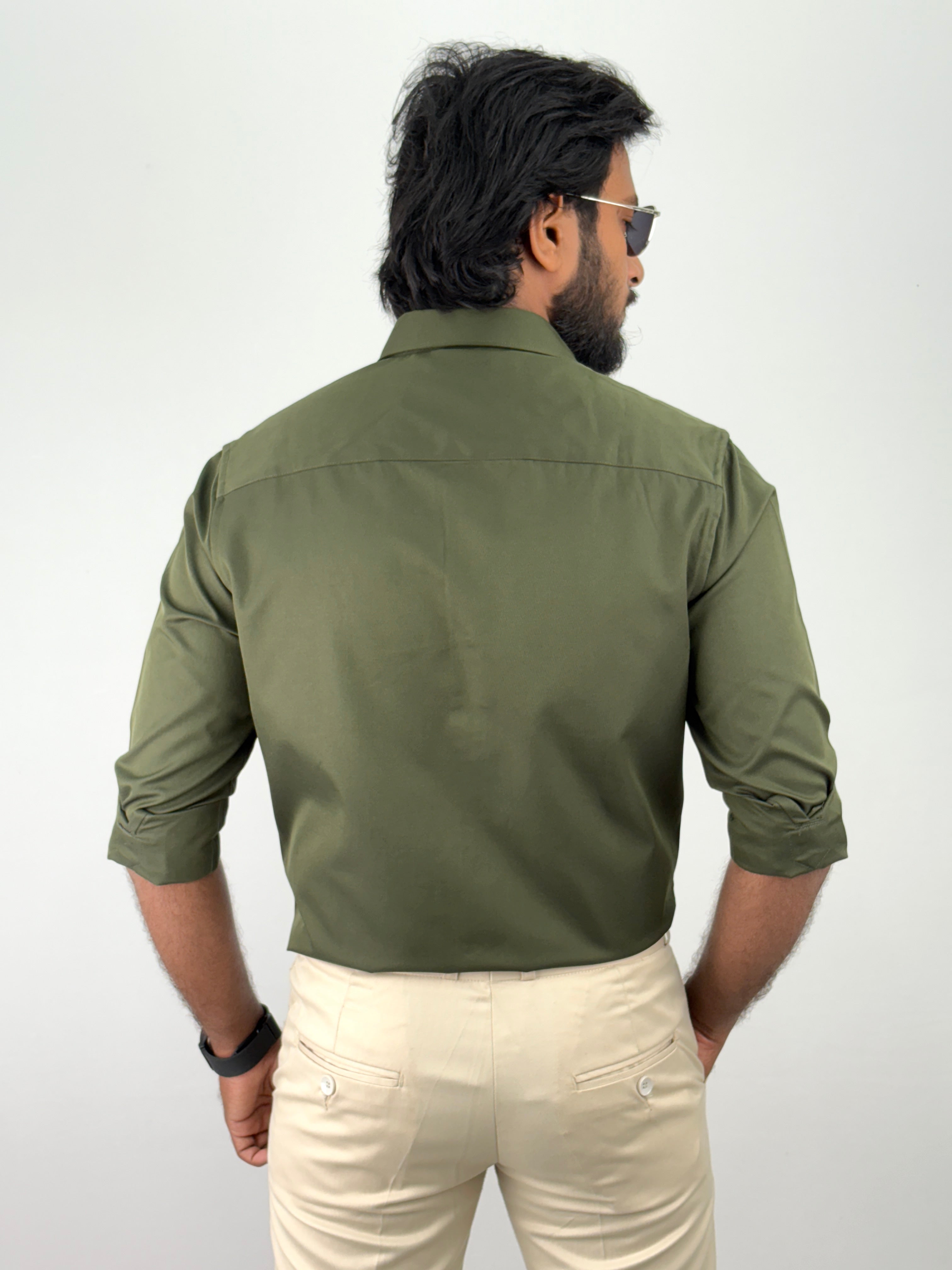 Dark Olive Satin Embroidery Shirt