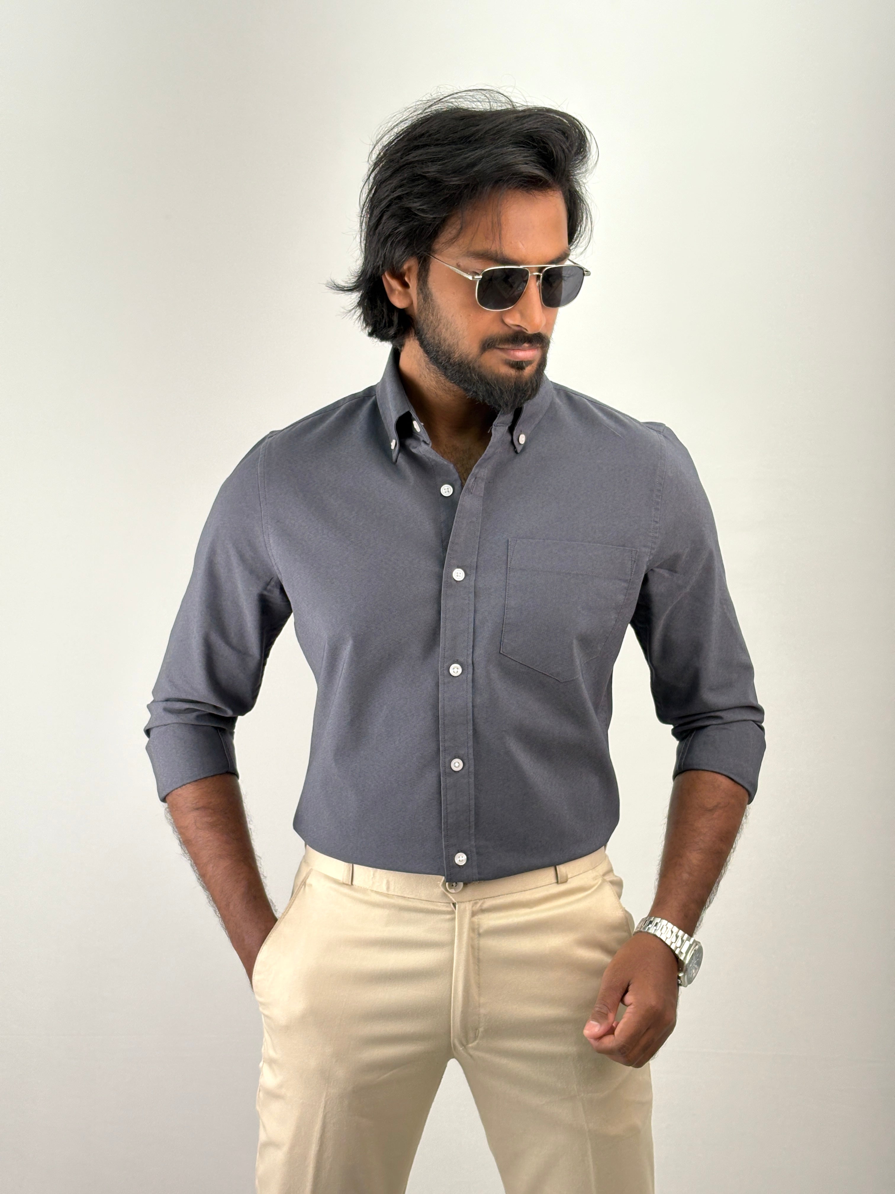Dark Grey Plain Oxford Shirt 3