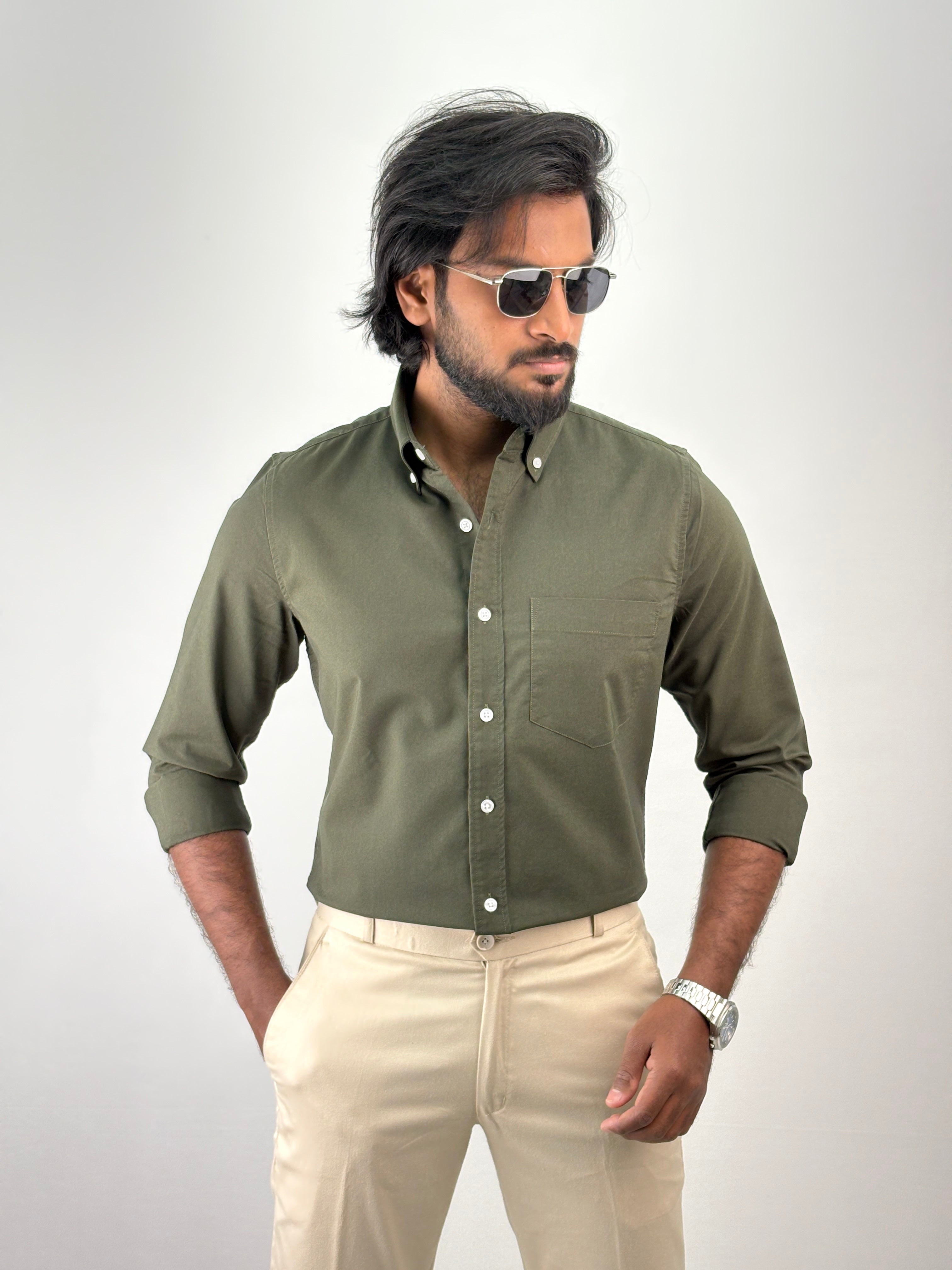 Dark Green Plain Oxford Shirt 3