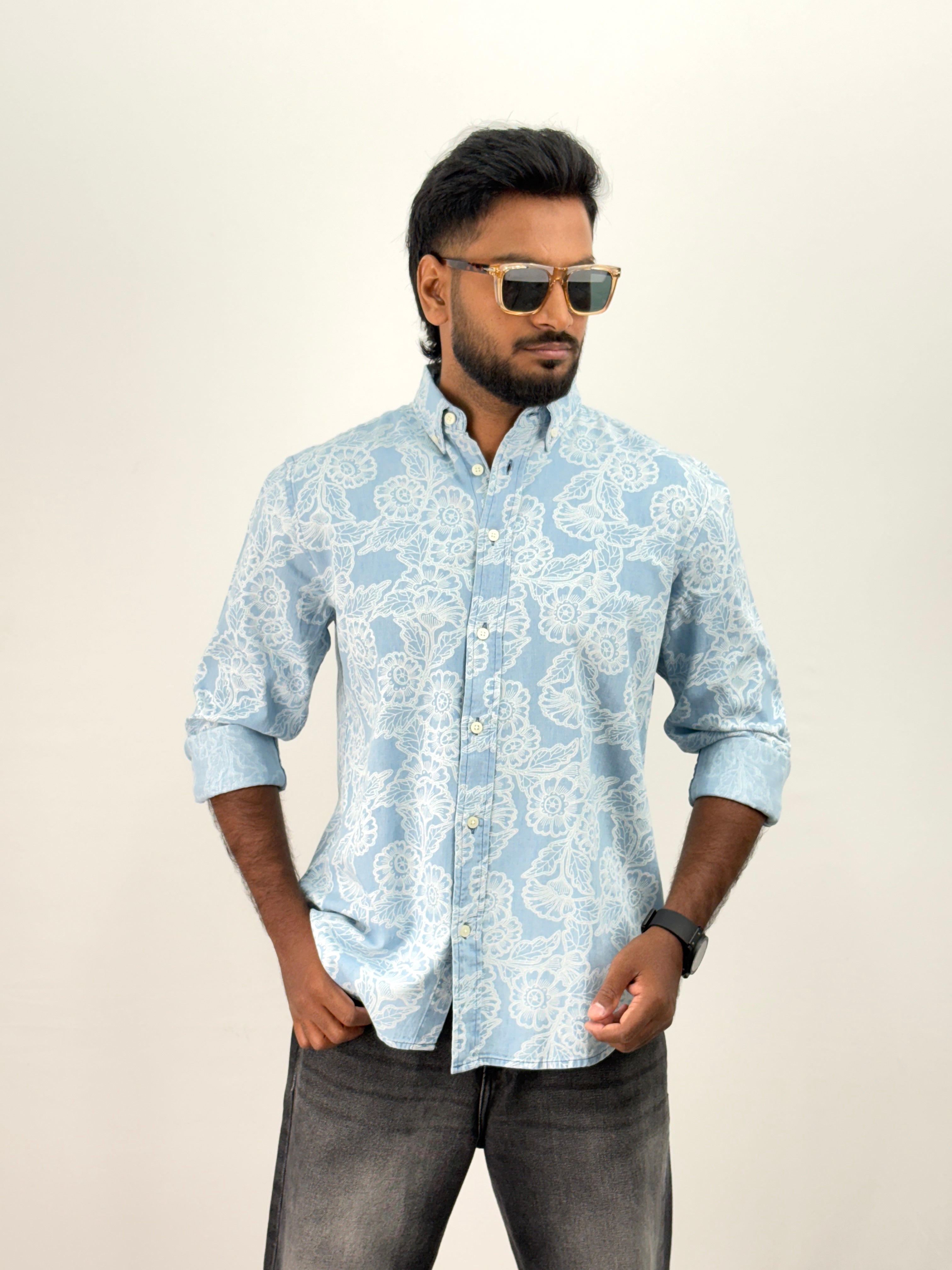 Ice Blue 5 Denim Printed Shirt