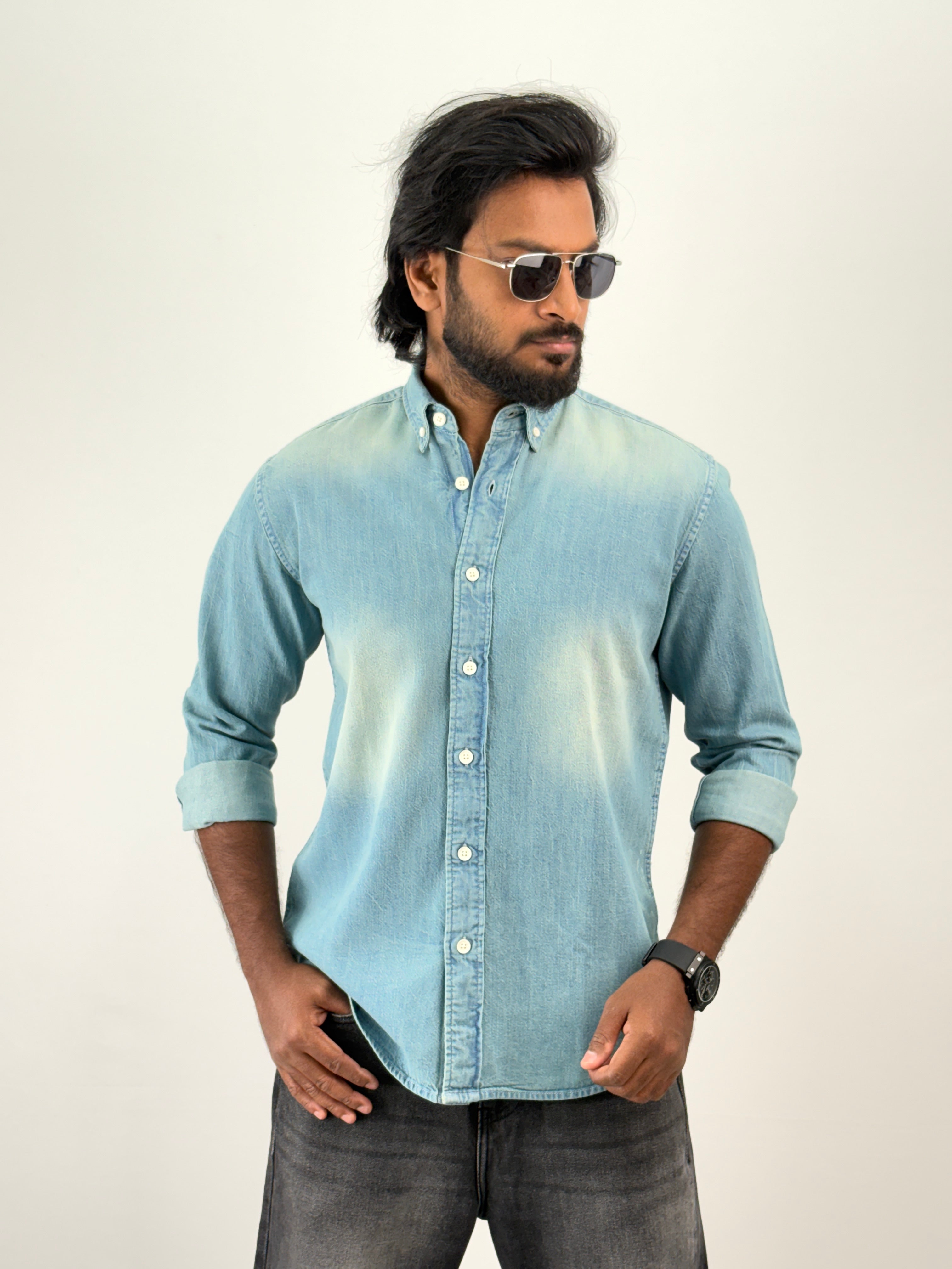 Teal Blue Denim Shirt