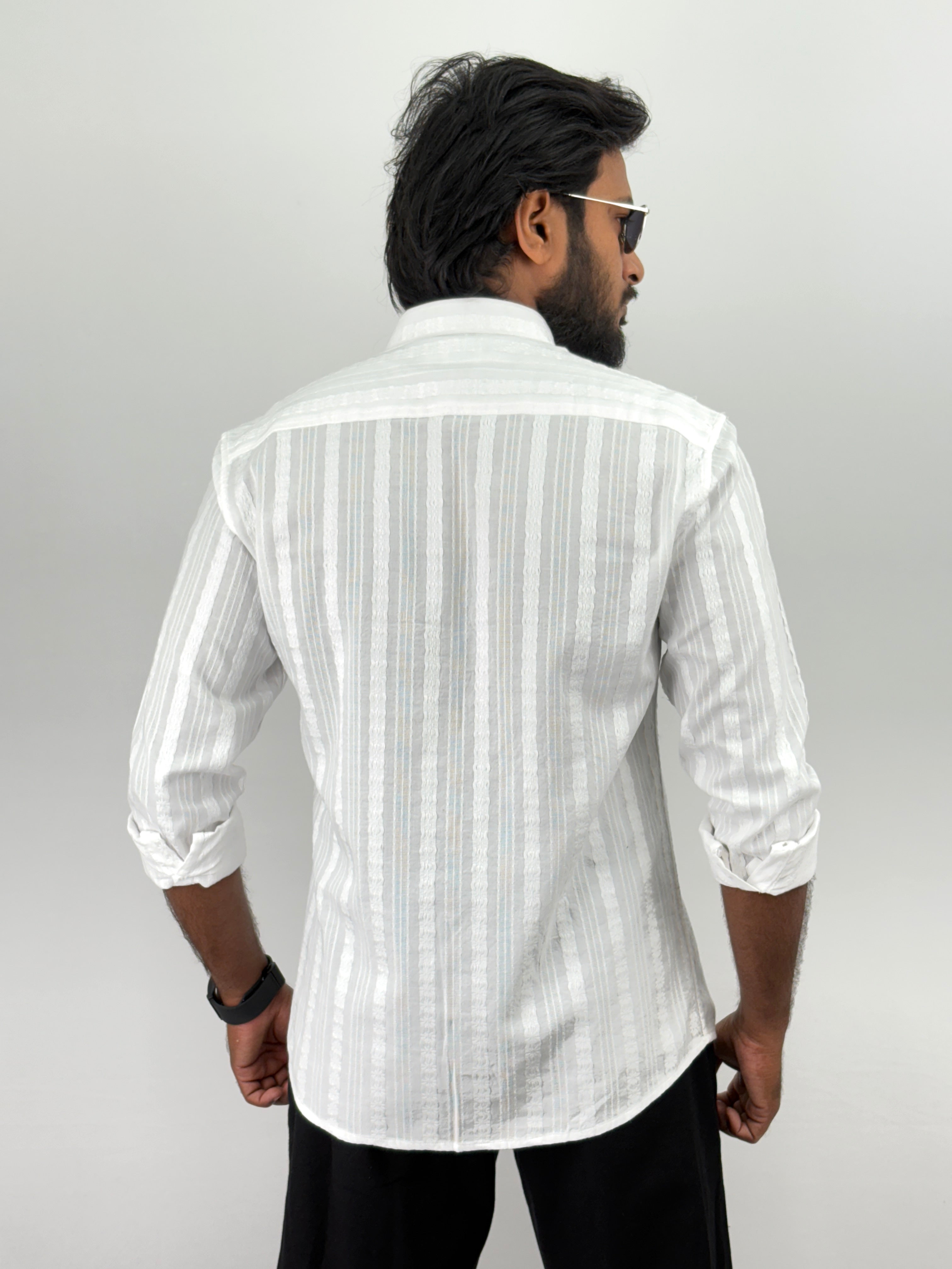 White Mandarin Collar Textured Shirts