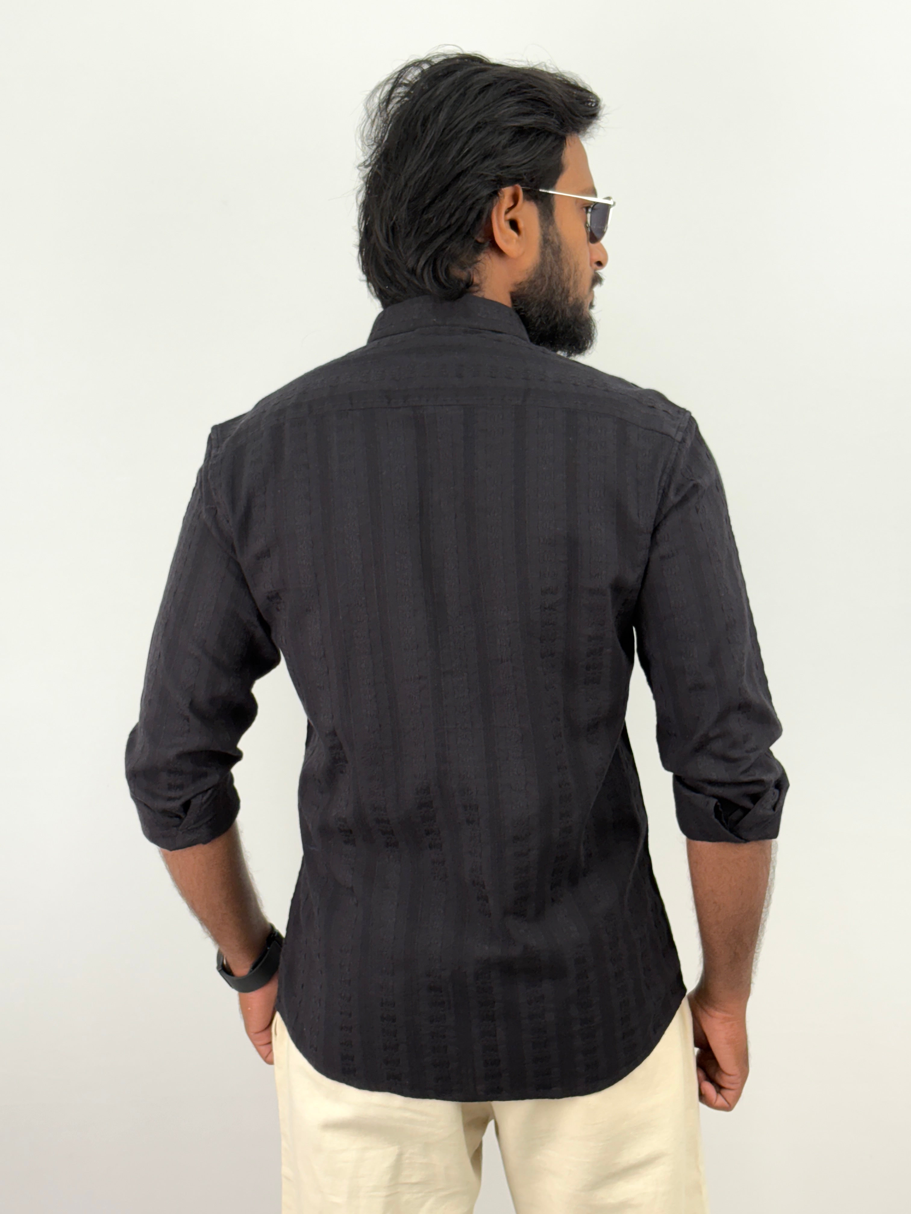 Black Mandarin Collar Textured Shirts
