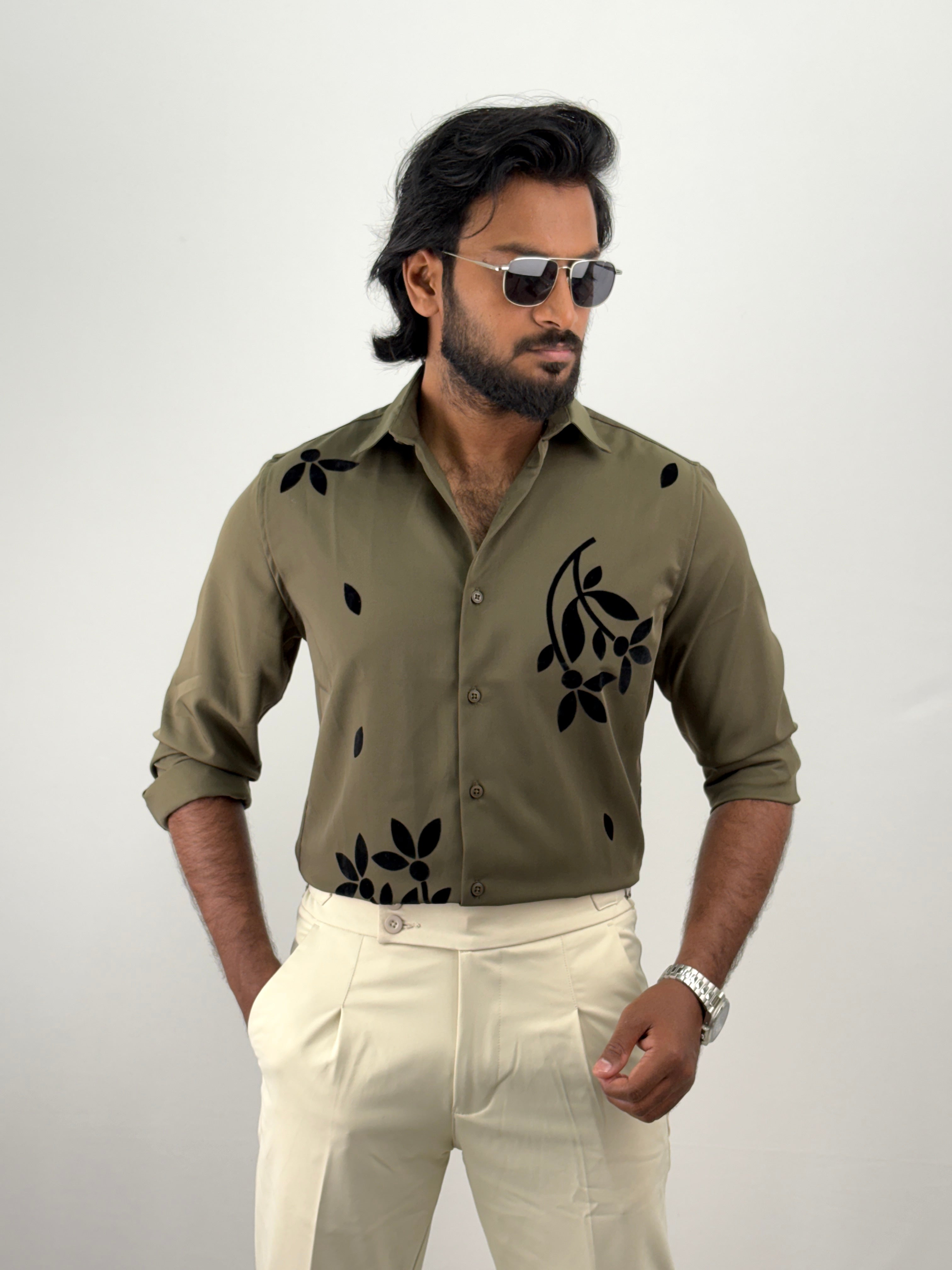 Olive Flock Printed Shirt