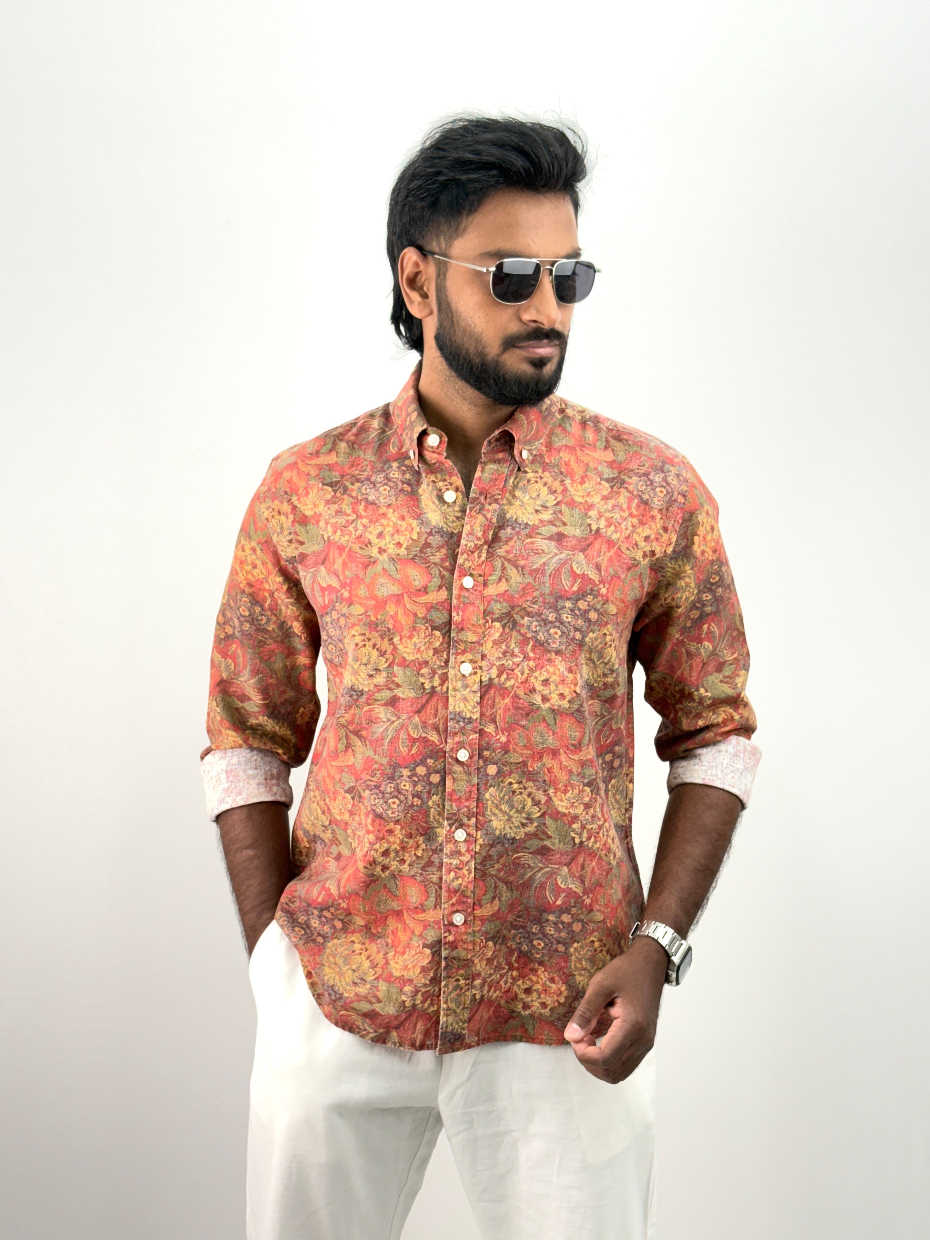 Orange Linen Printed Shirt
