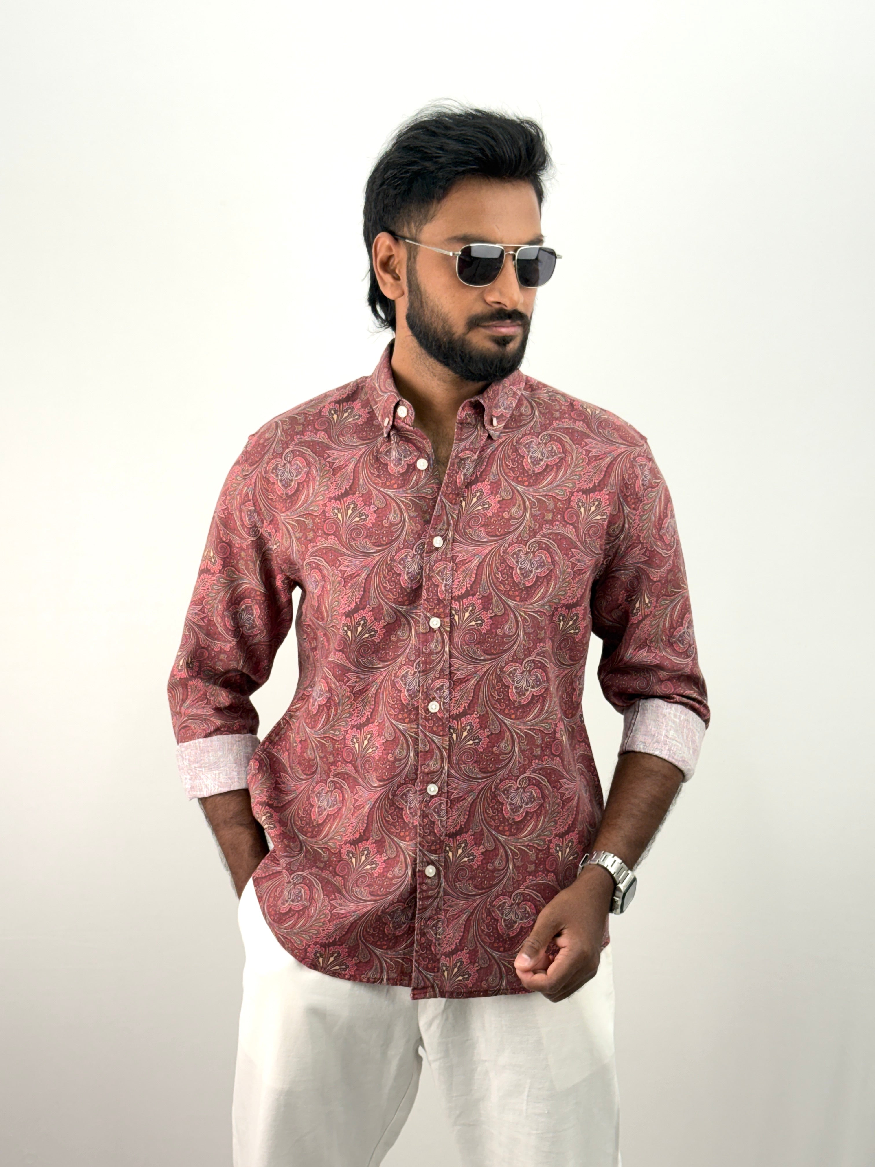 Burgundy Linen Printed Shirt
