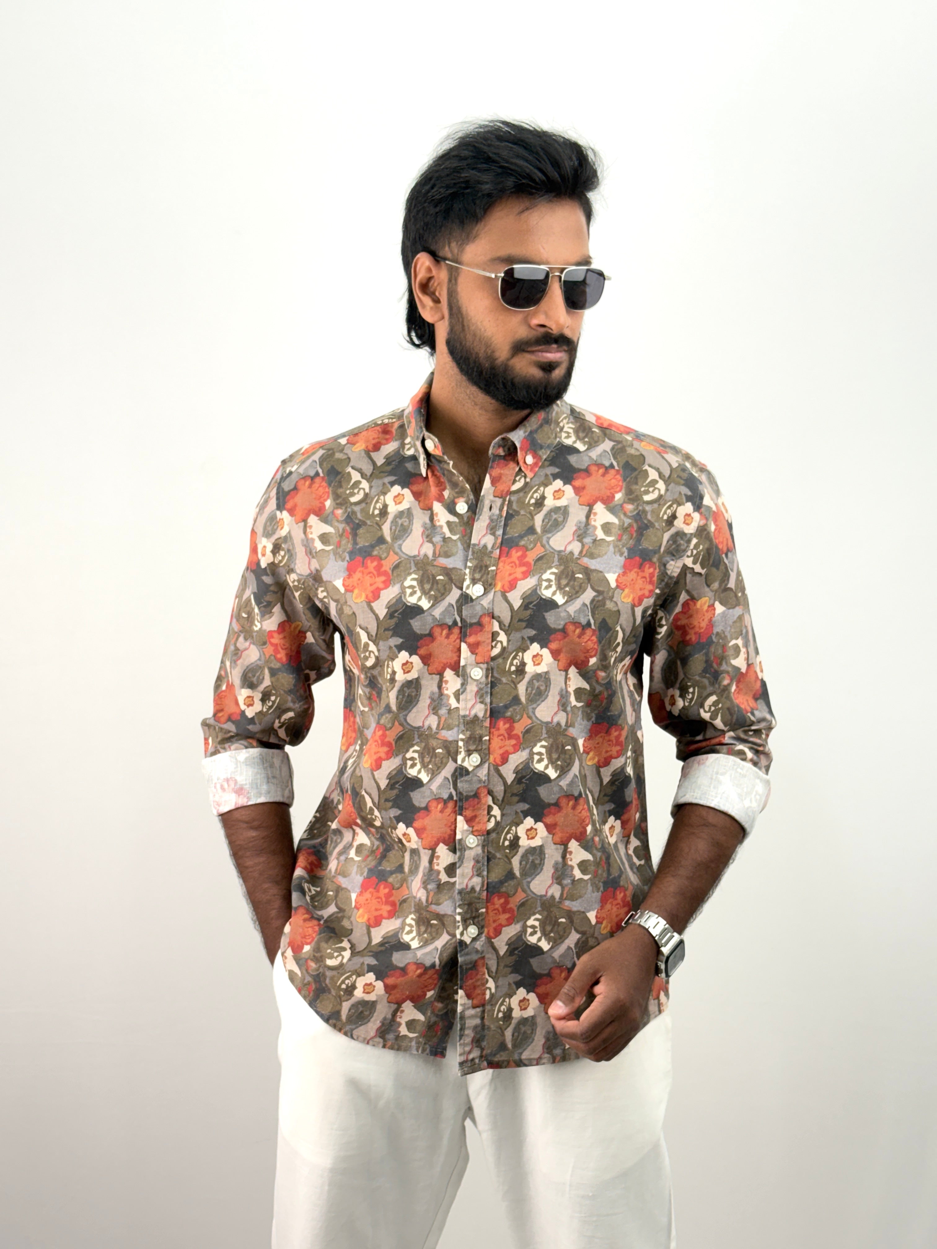 Grey Linen Printed Shirt