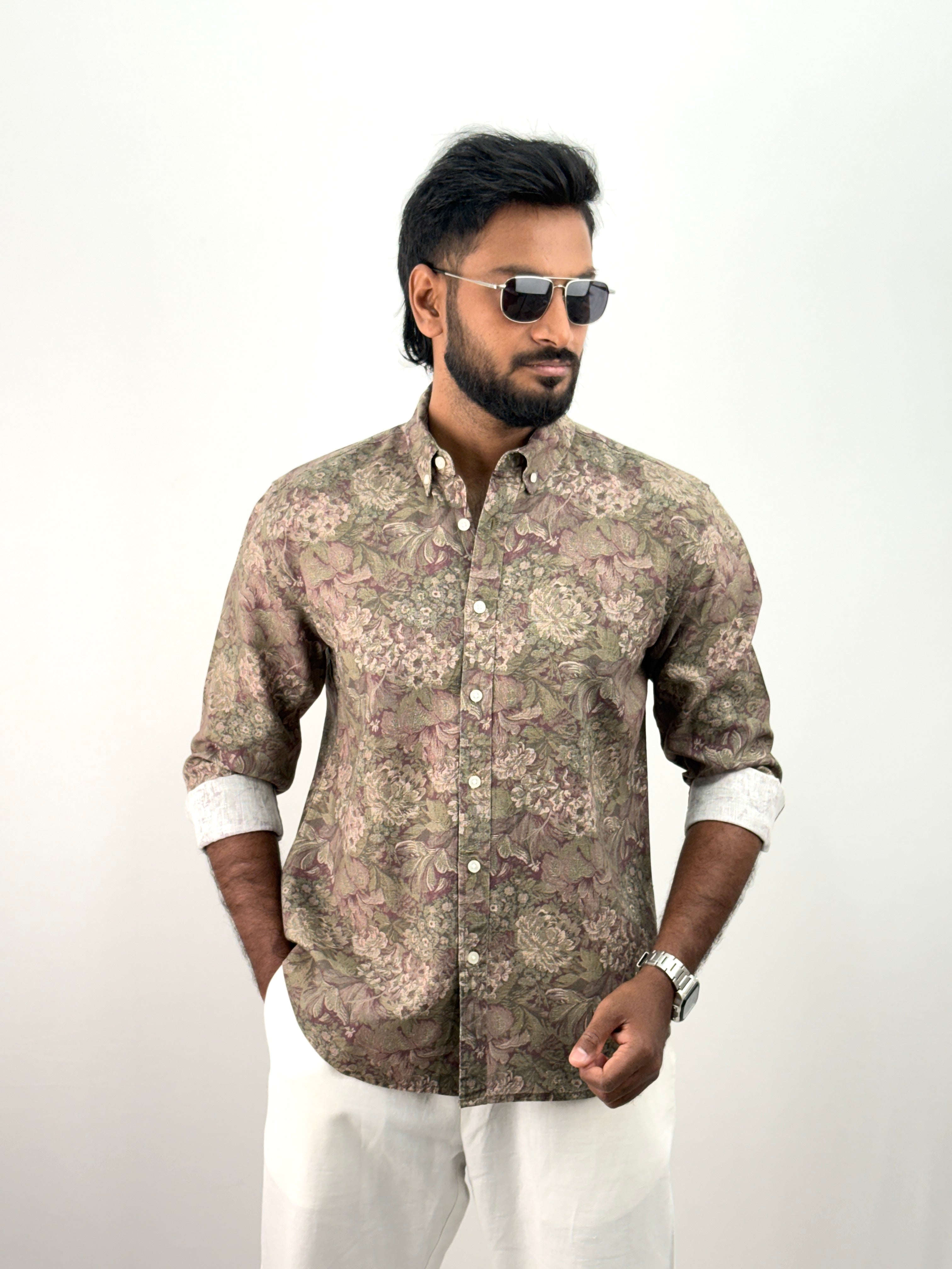Olive Linen Printed Shirt