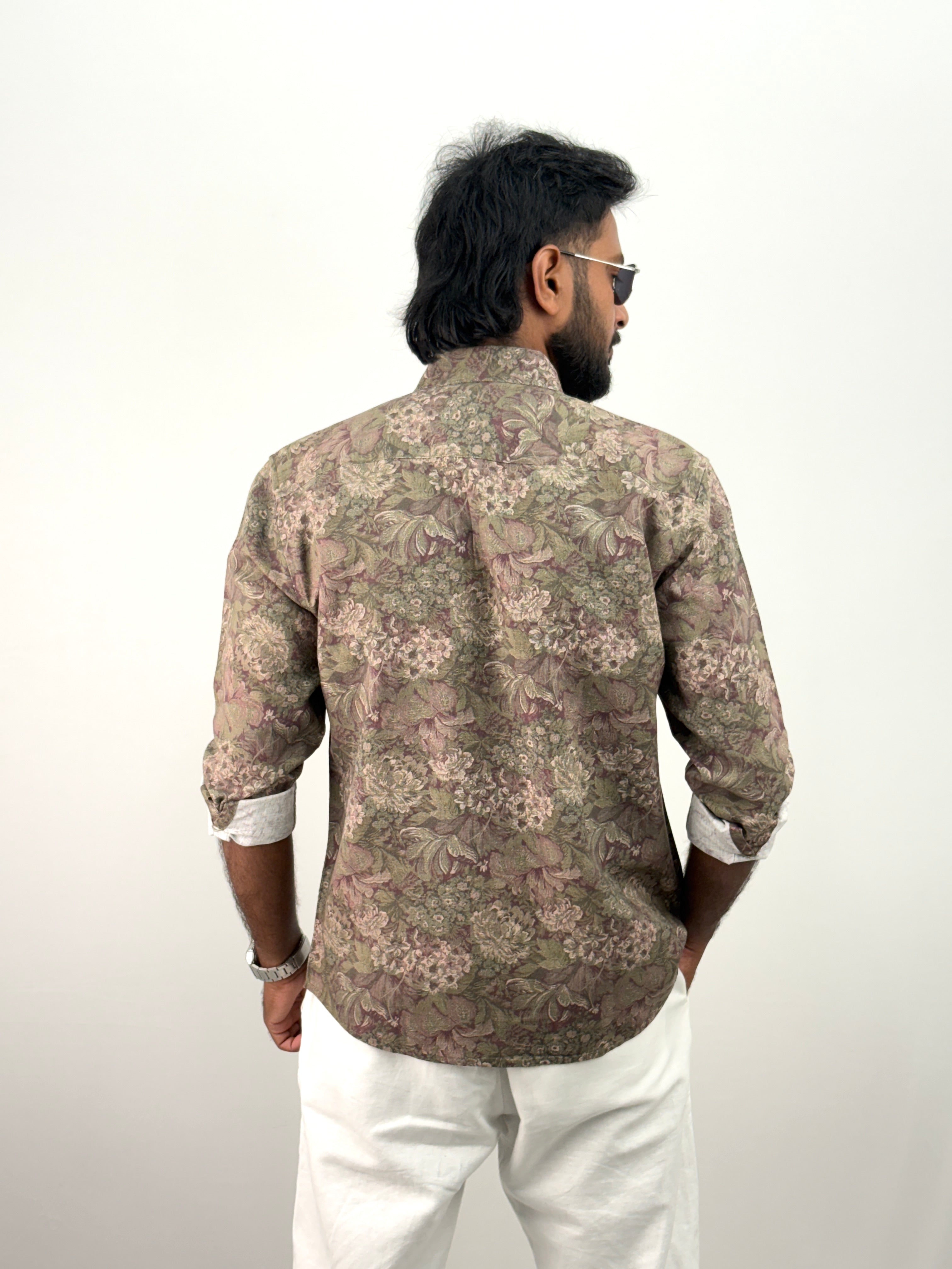 Olive Linen Printed Shirt