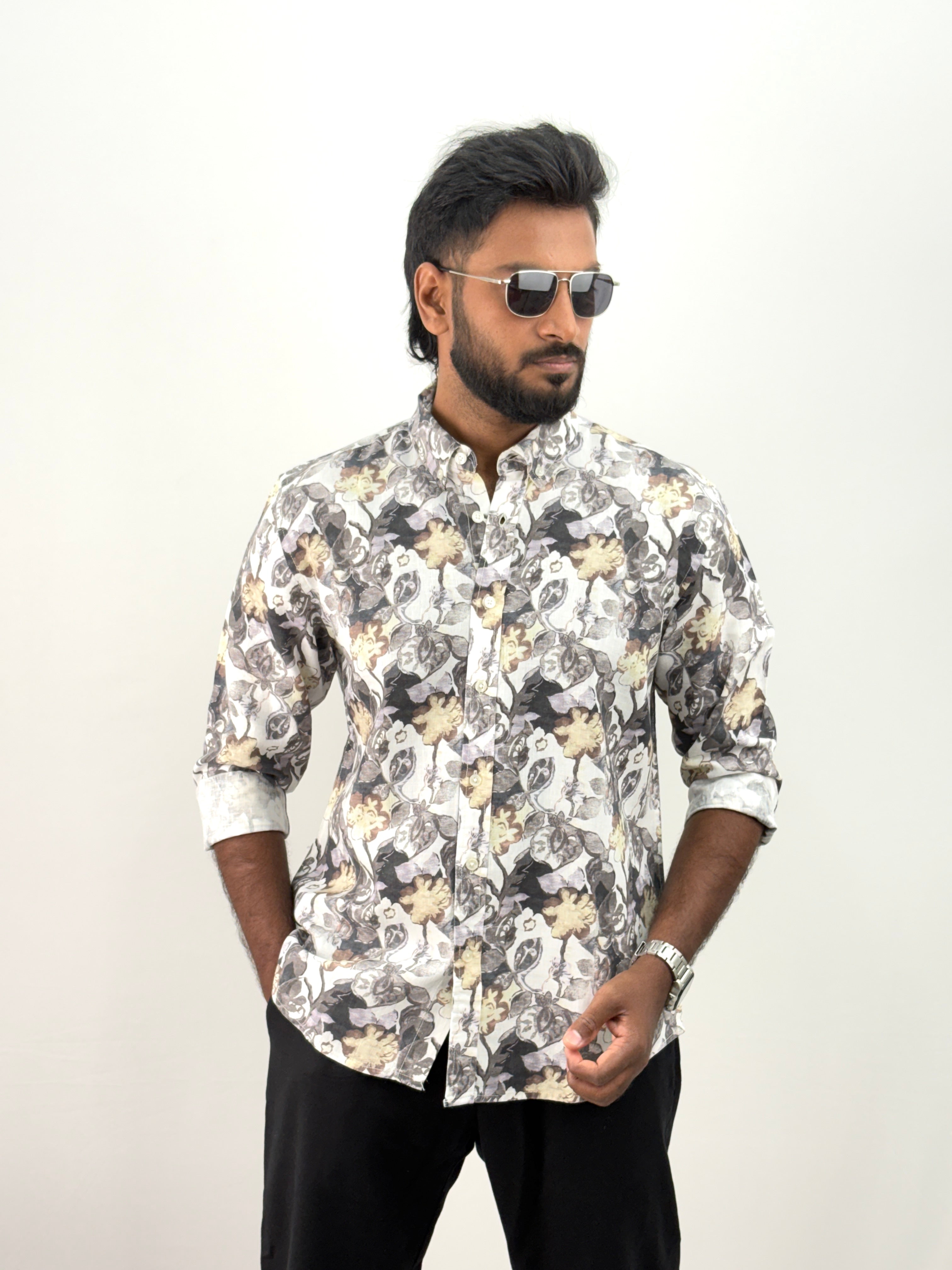 White Linen Printed Shirt
