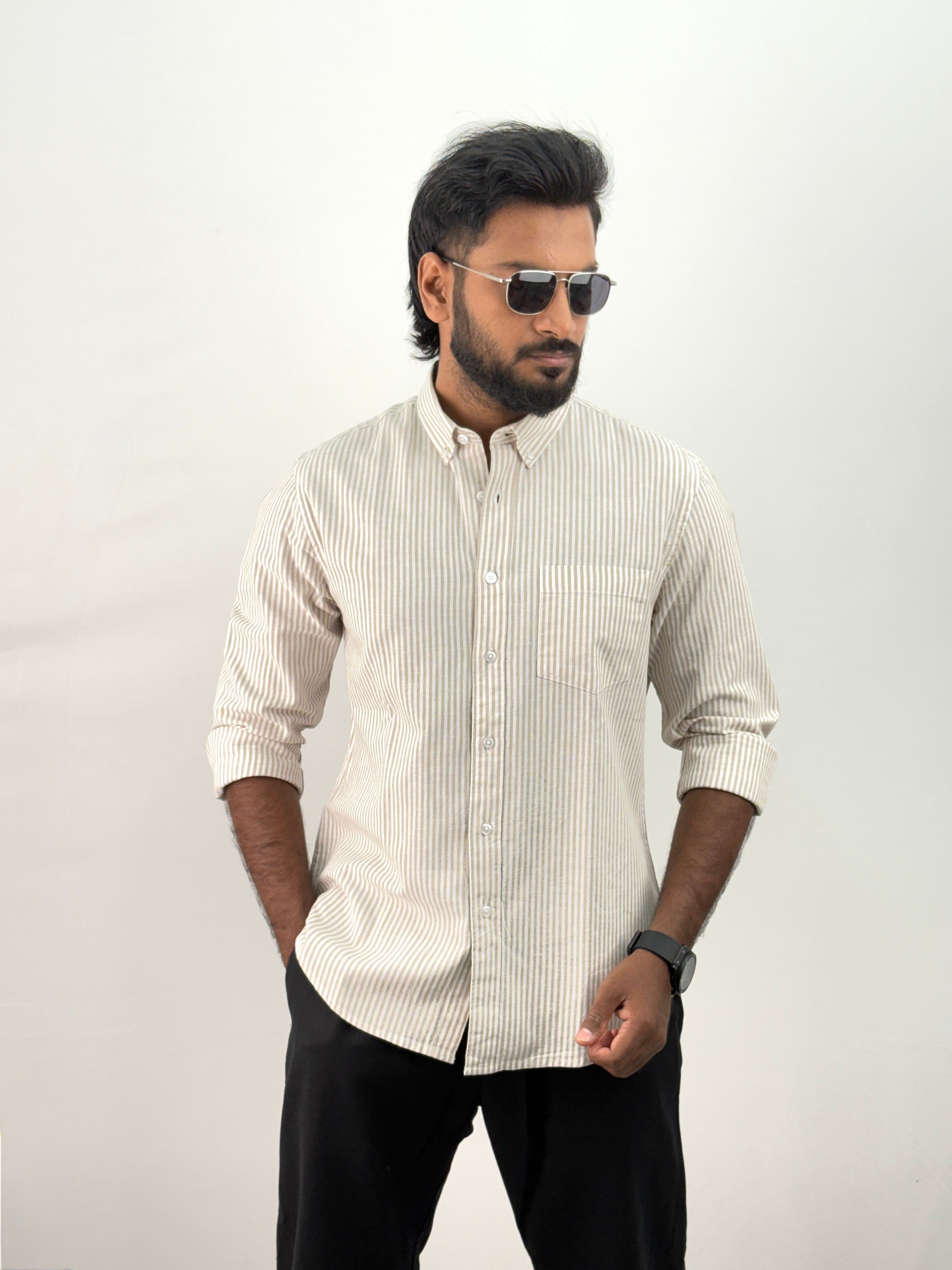 Beige Old Money Linen Stripe Shirt