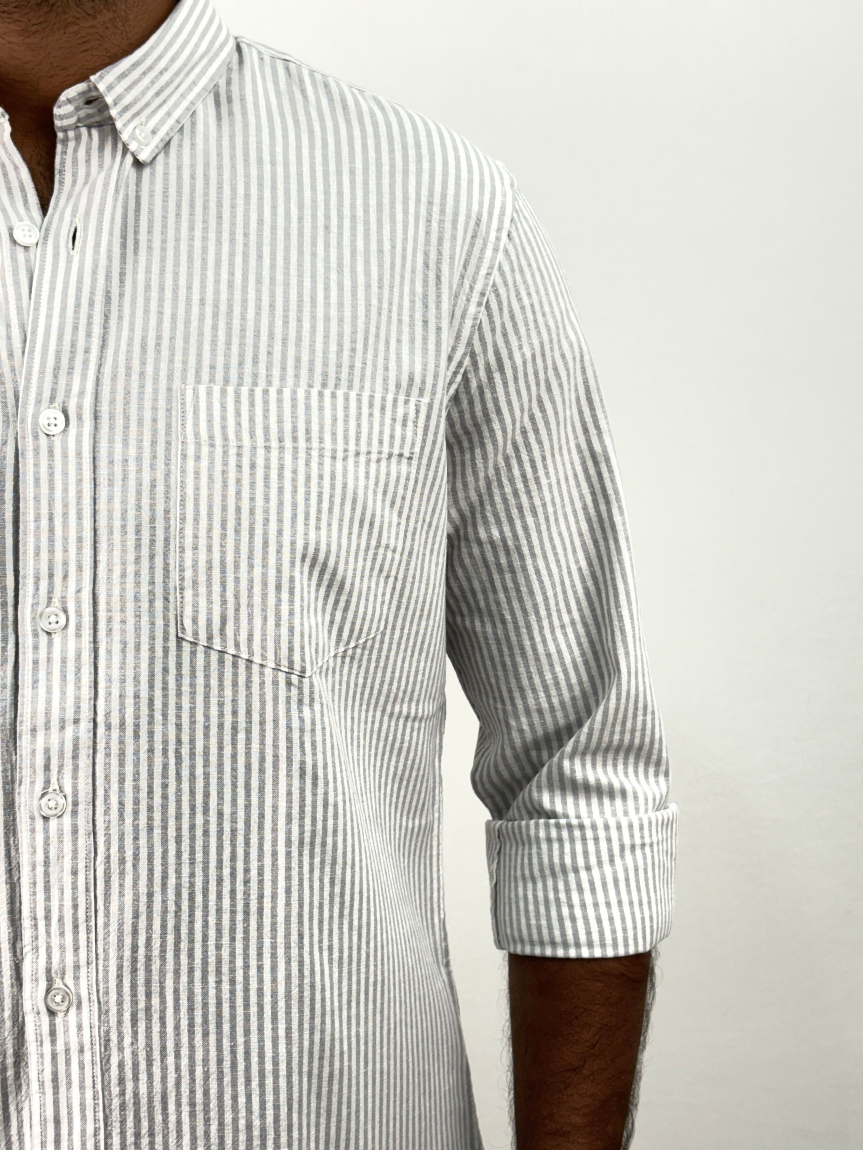Grey Old Money Linen Stripe Shirt
