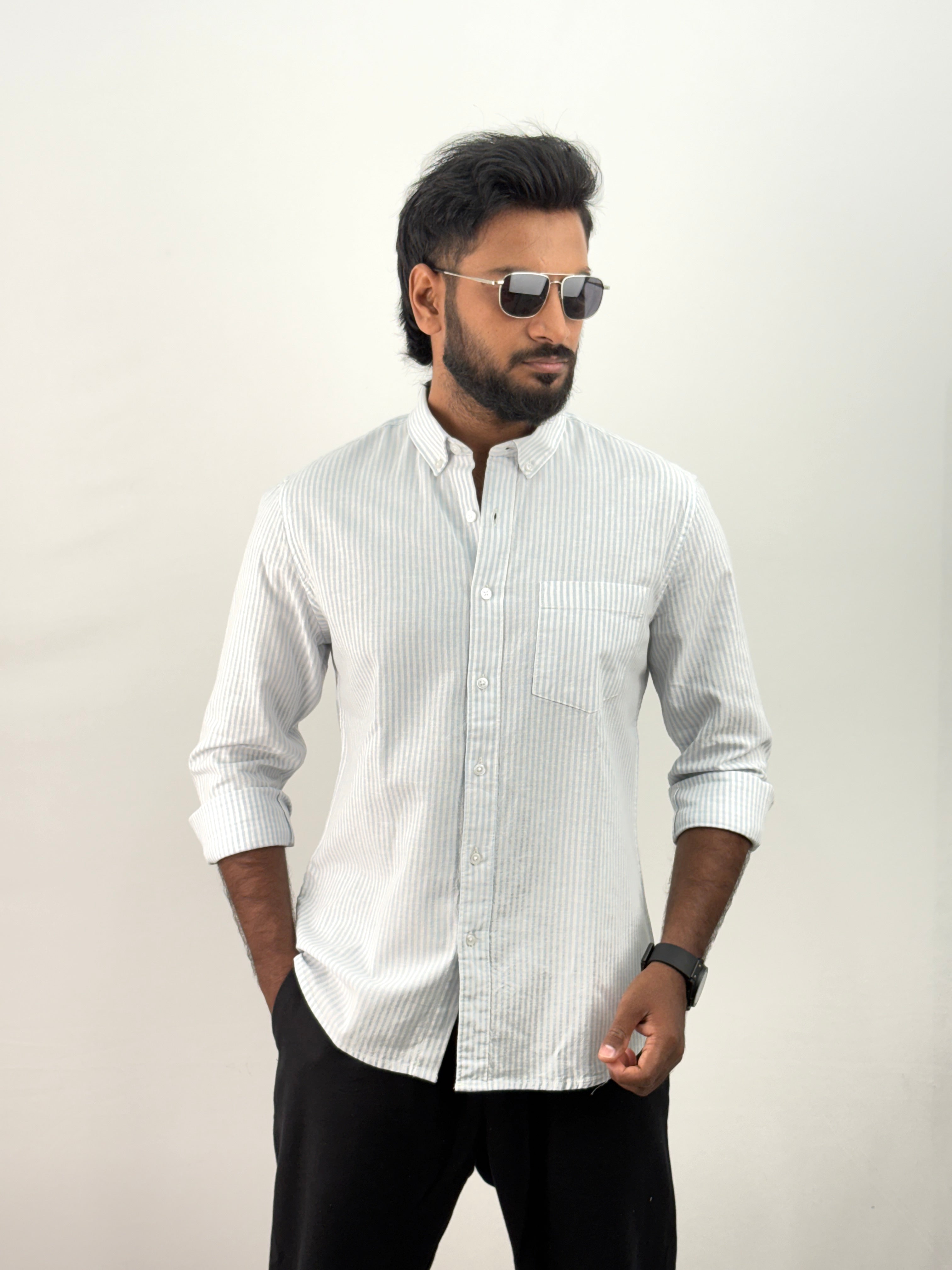Blue Linen Old Money Stripe Shirt