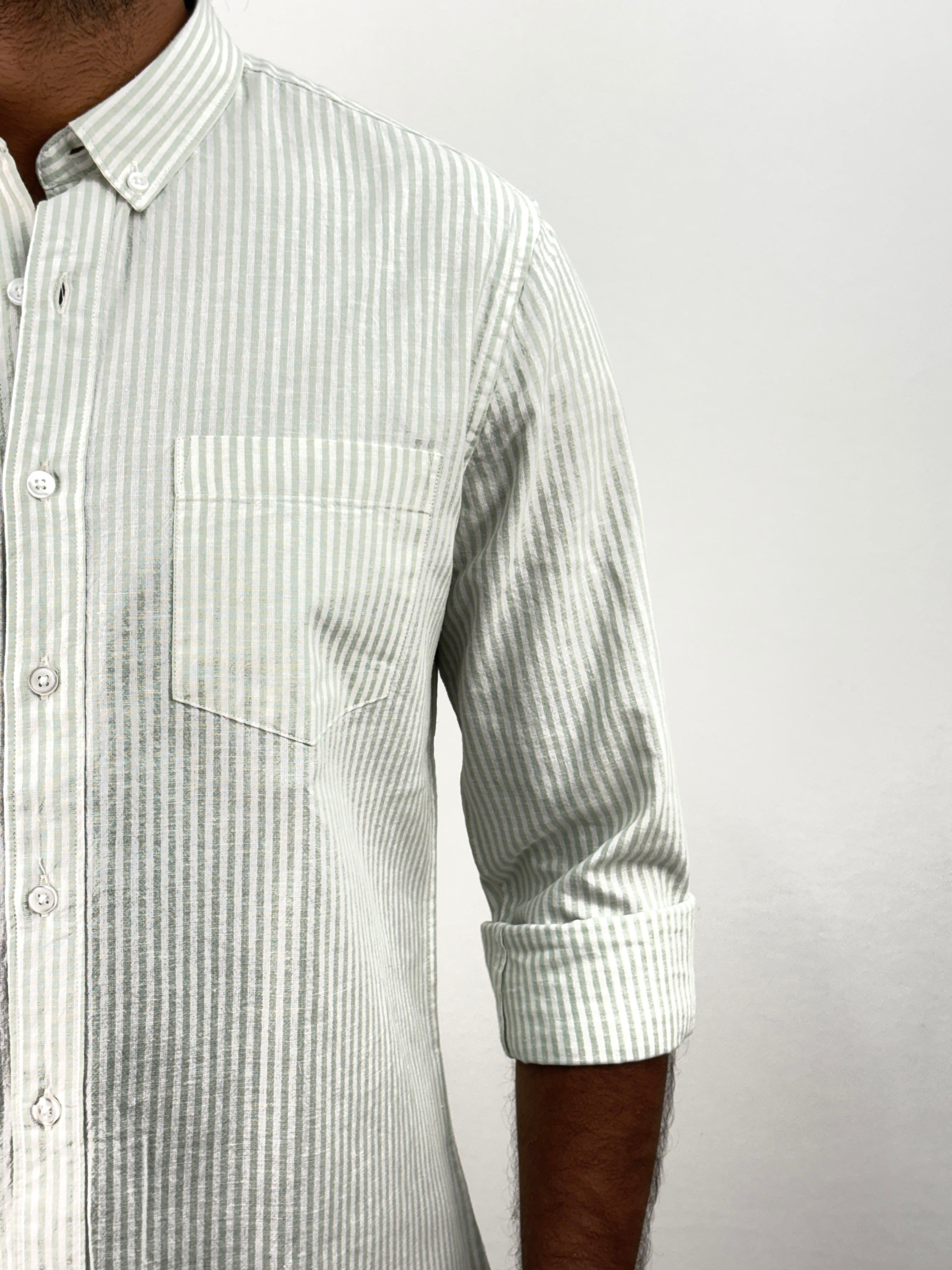 Green Old Money Linen Stripe Shirt