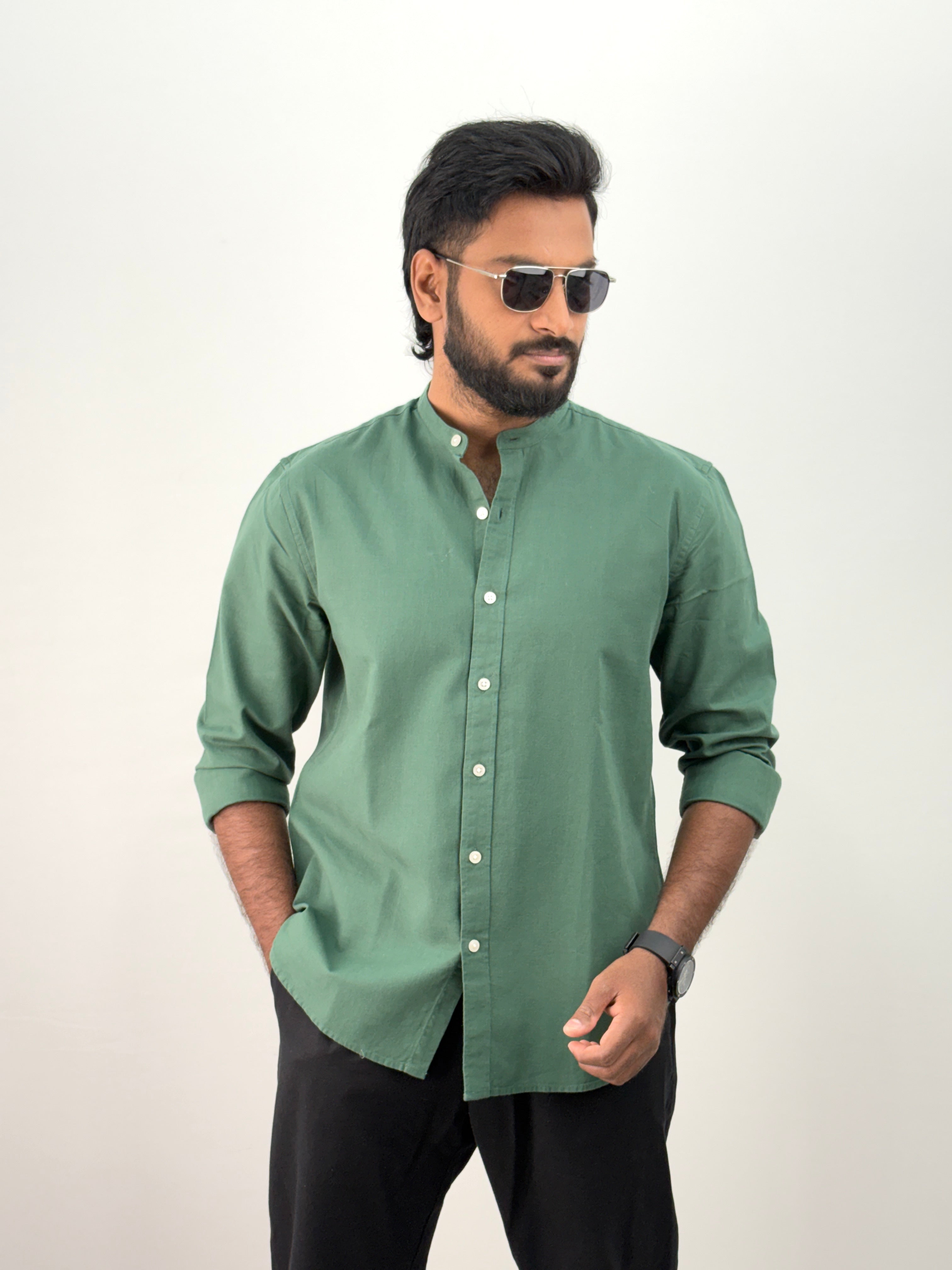 Green Mandarin Collar Linen Shirt
