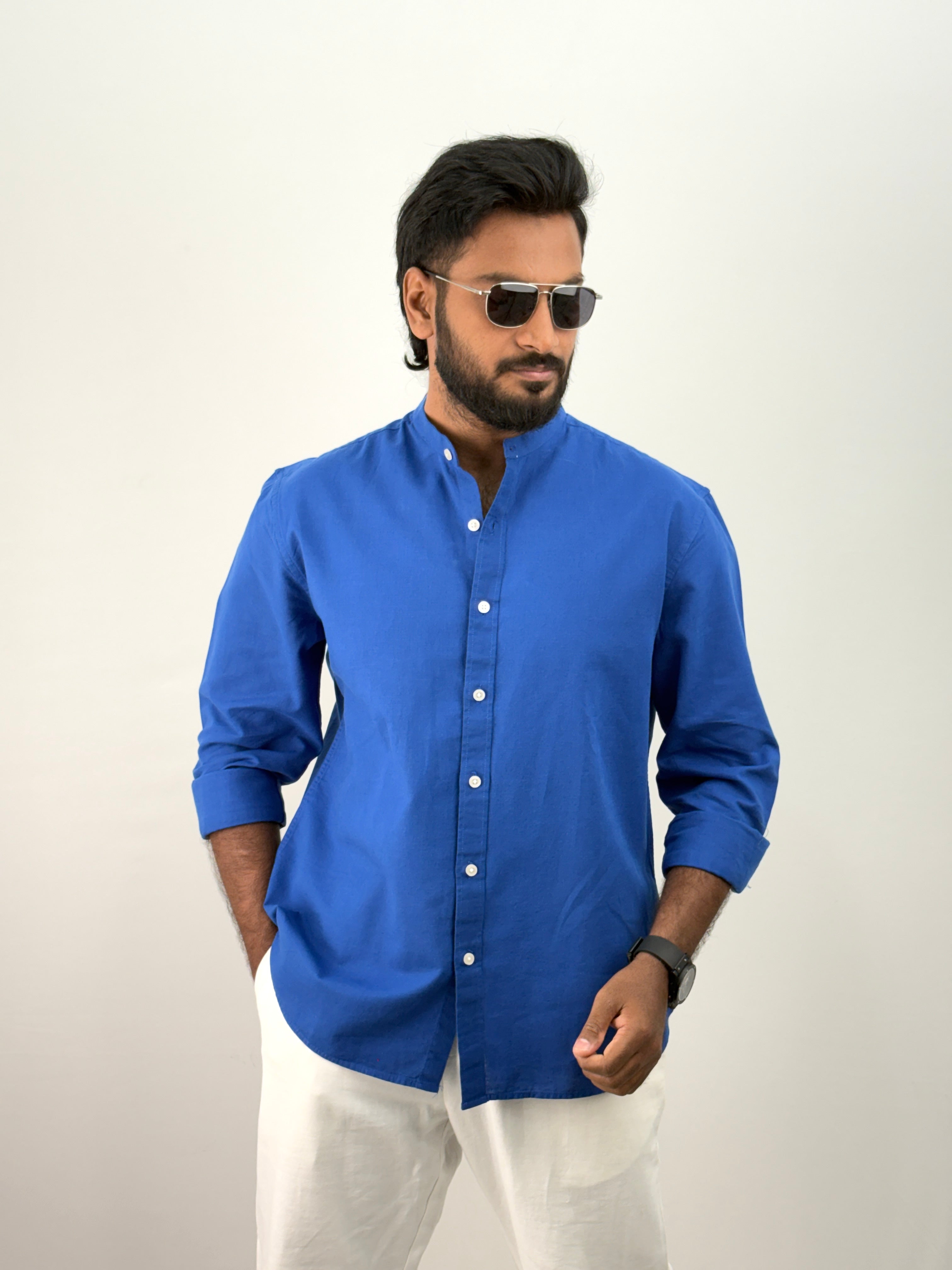 Blue Mandarin Collar Linen Shirt