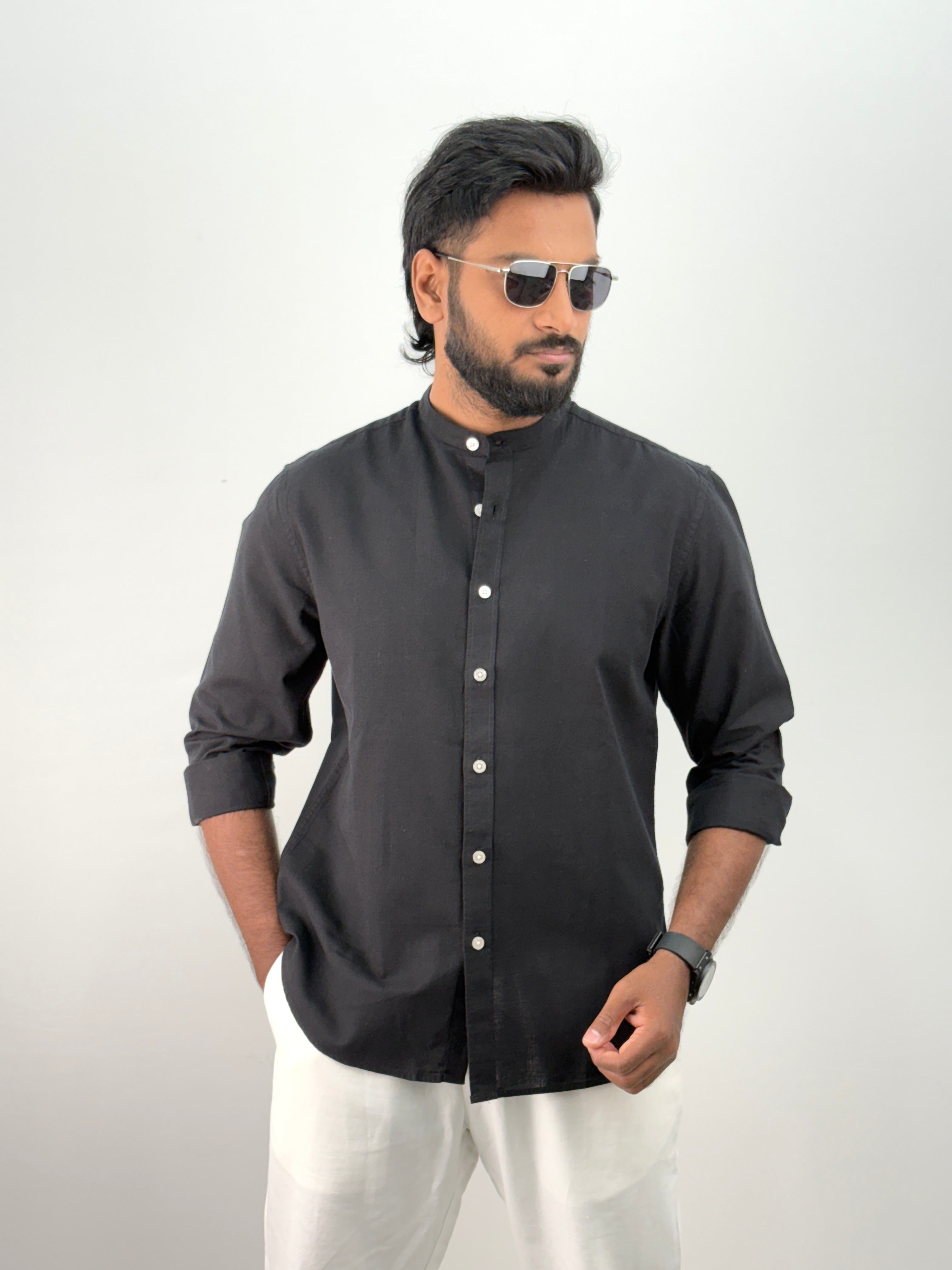 Black Mandarin Collar Linen Shirt