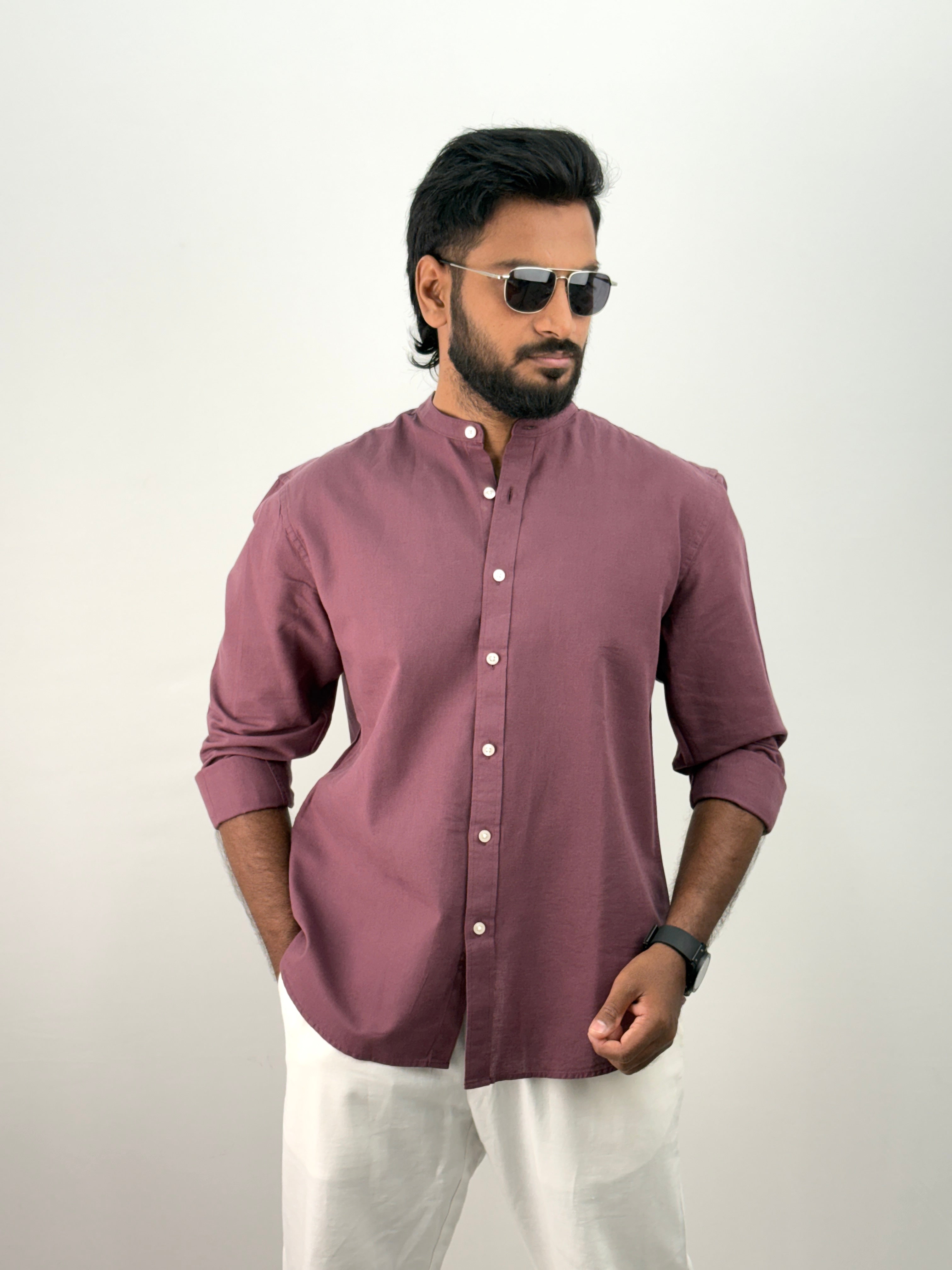 Lavender Mandarin Collar Linen Shirt