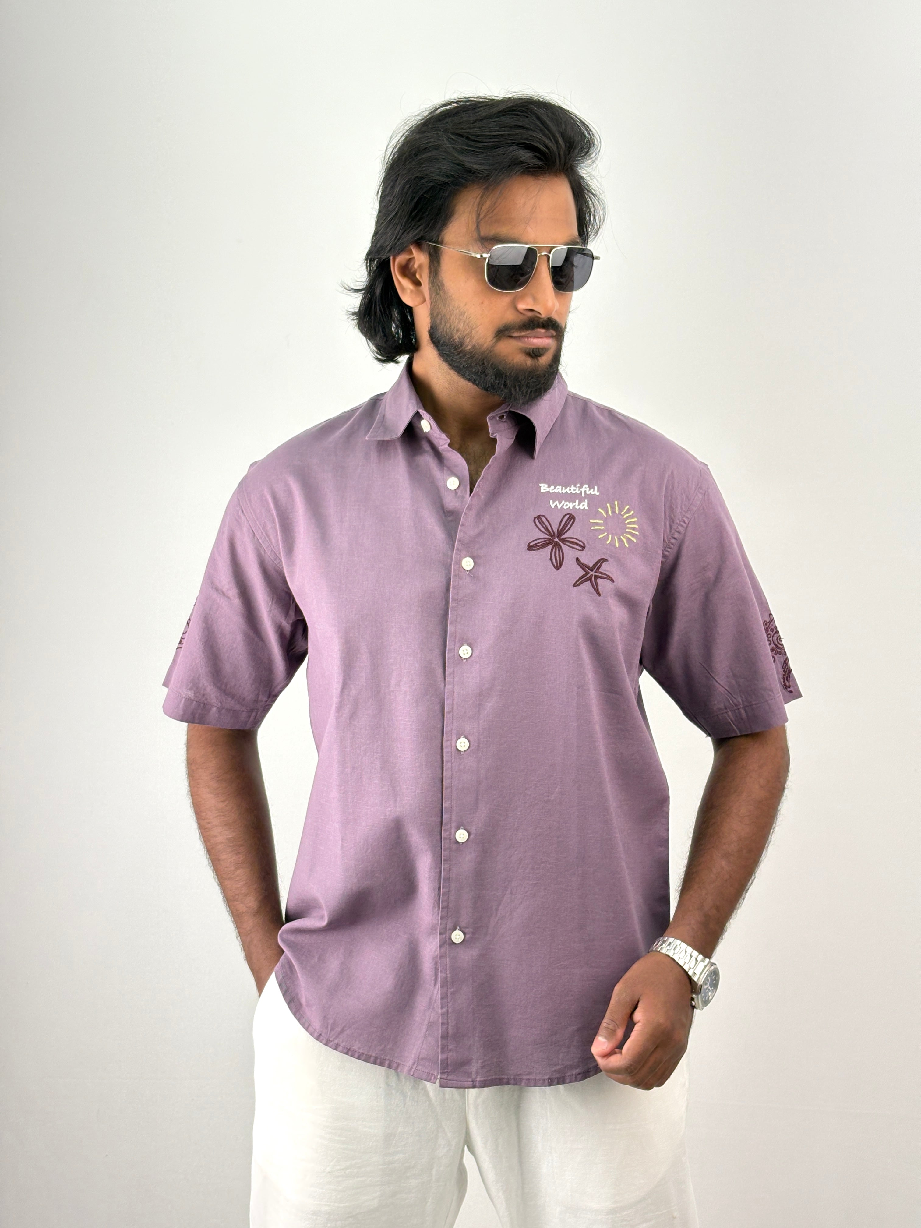 Lavender Half Sleeve Embroidery Shirt