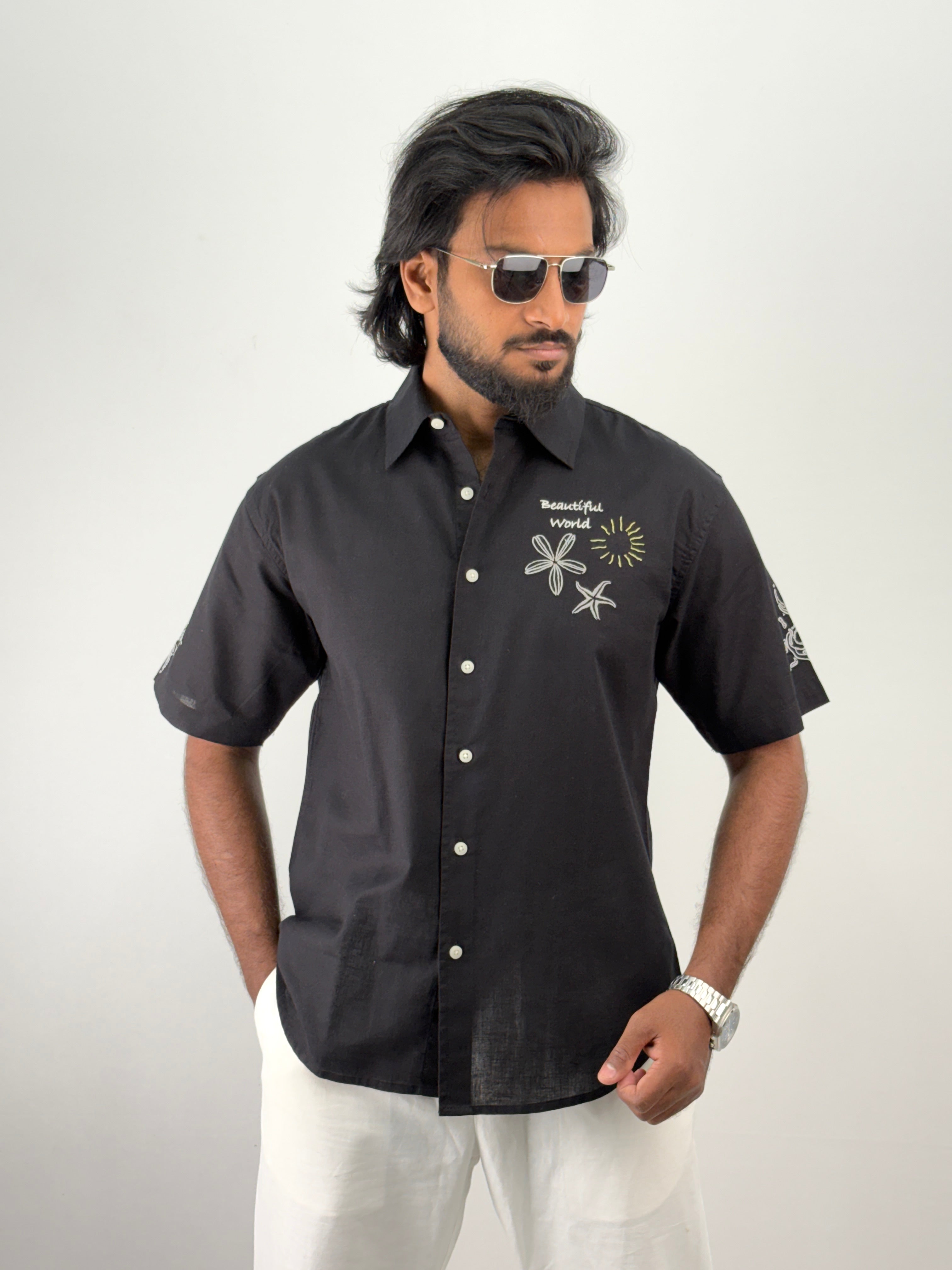 Black Half Sleeve Embroidery Shirt