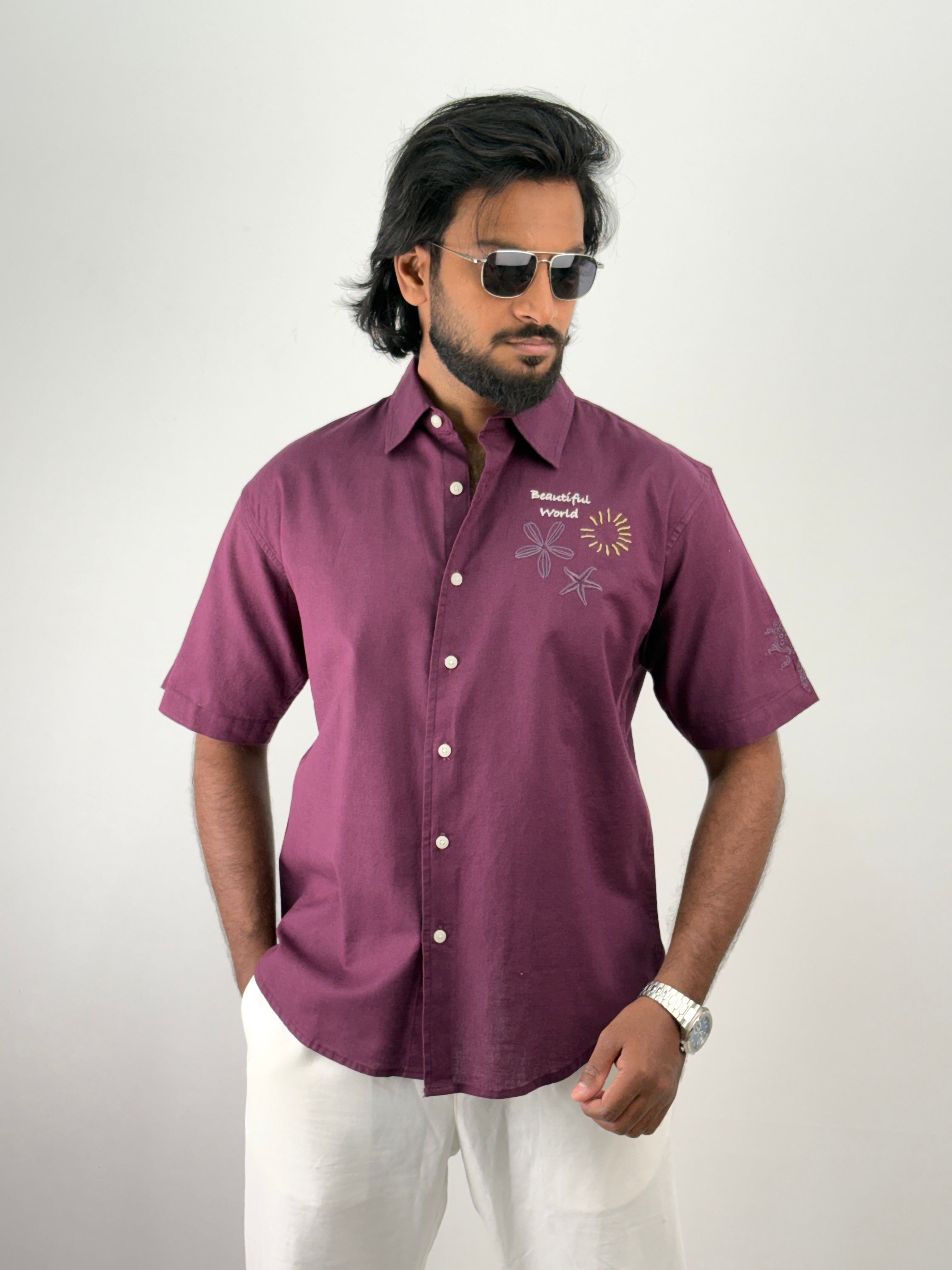 Violet Half Sleeve Embroidery Shirt