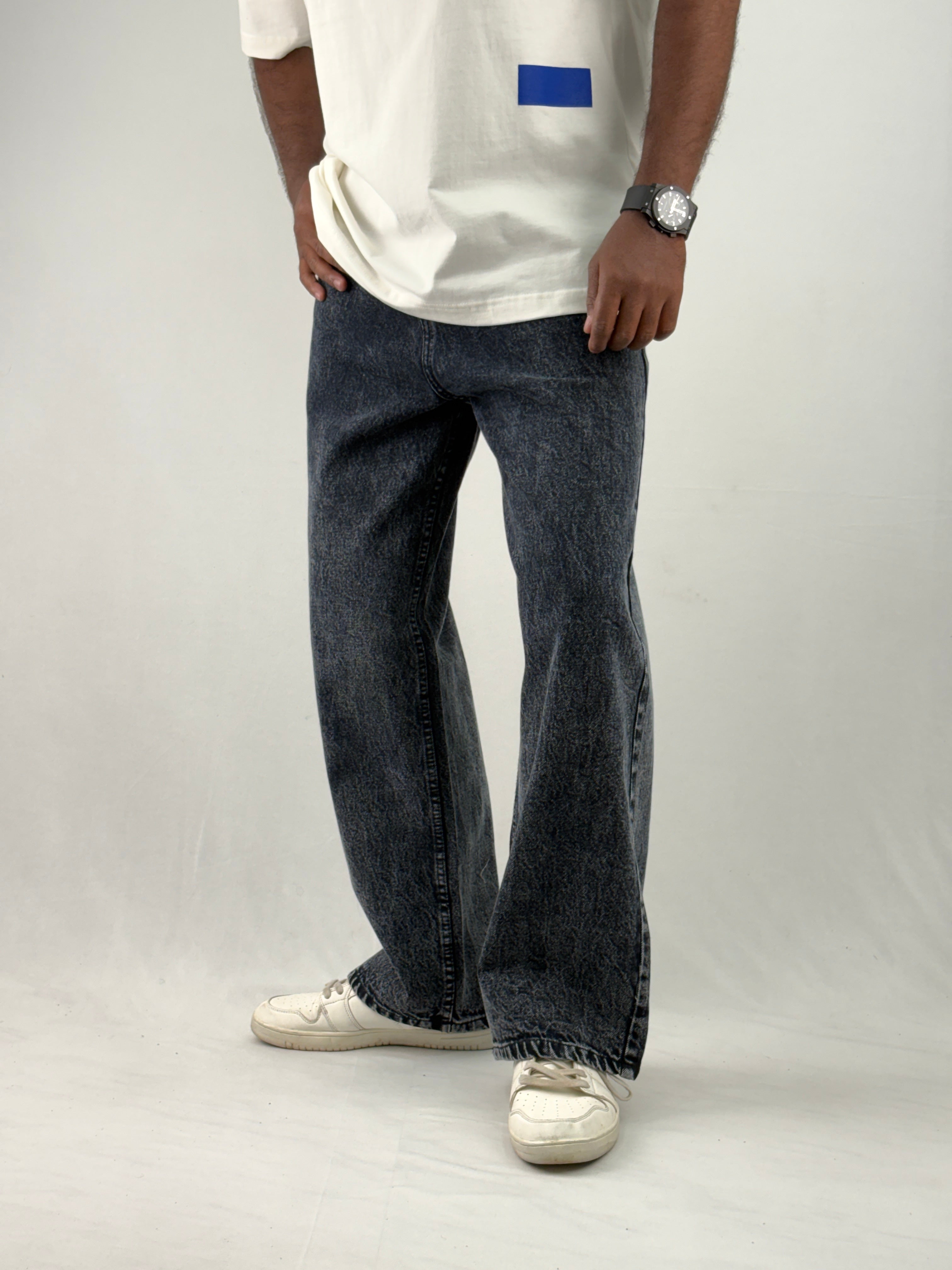 Black Acid Wash Wide Leg Jean