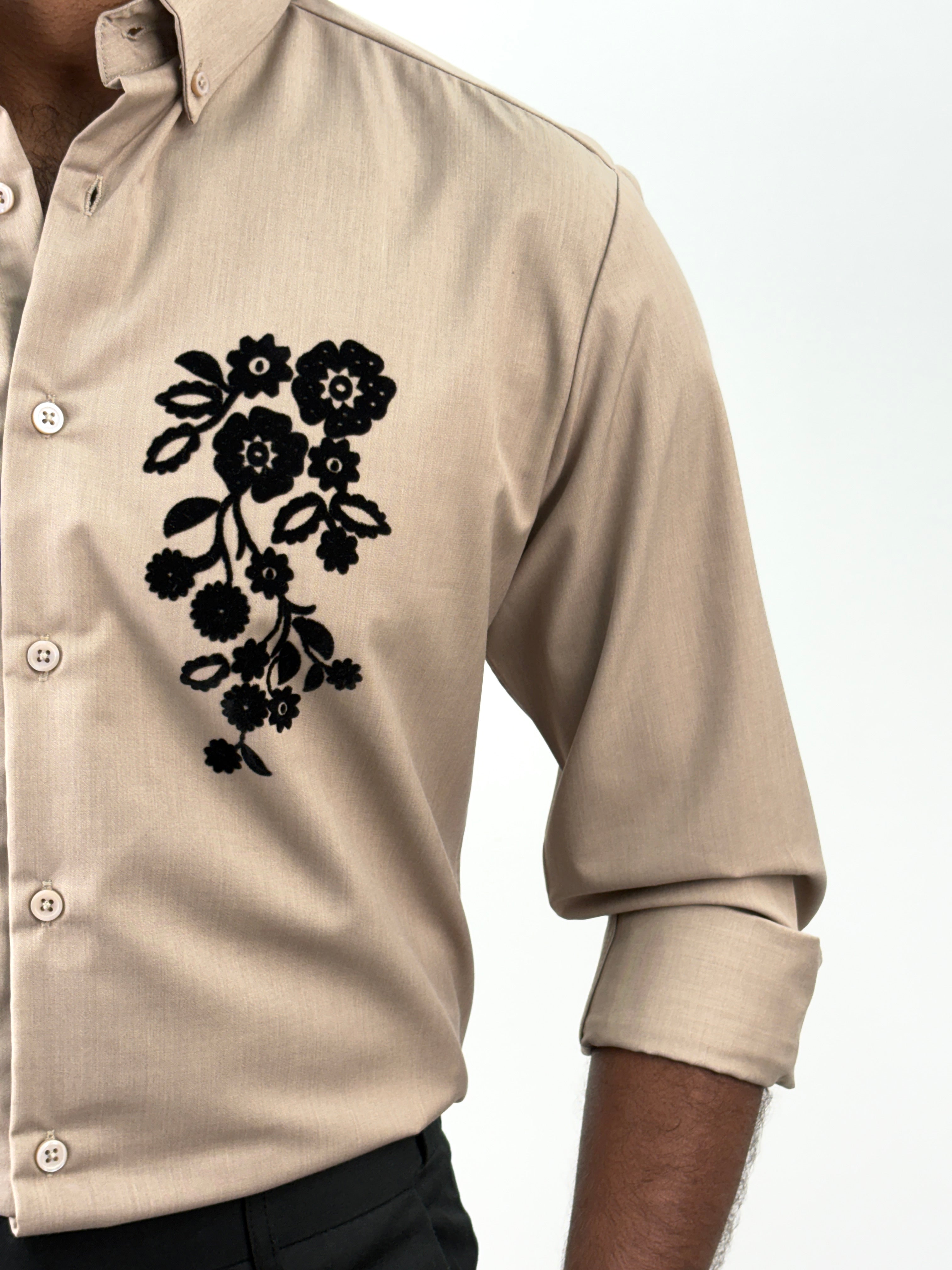 Dark Beige Flock Printed Shirt 2