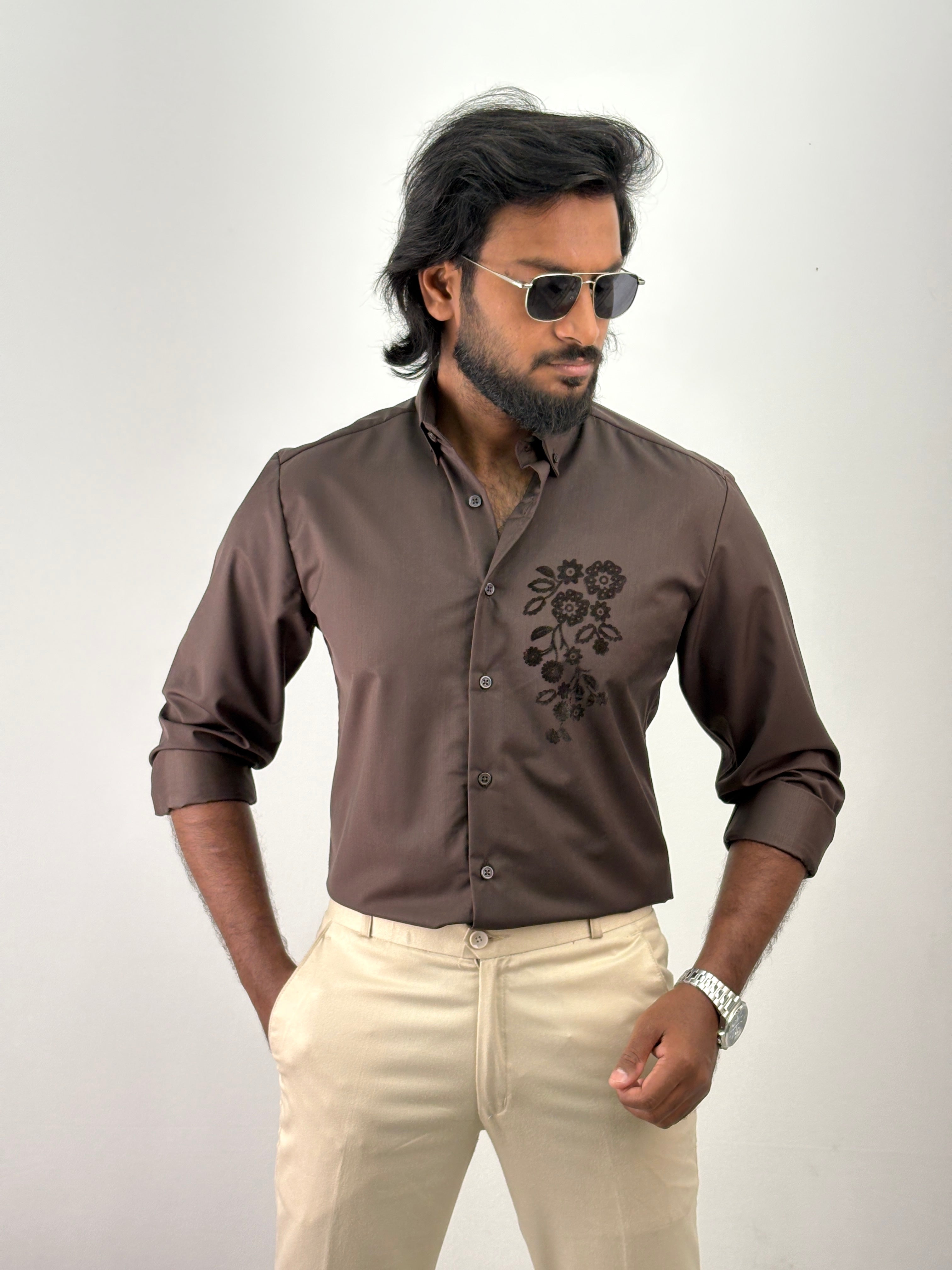 Dark Brown Flock Printed Shirt 2
