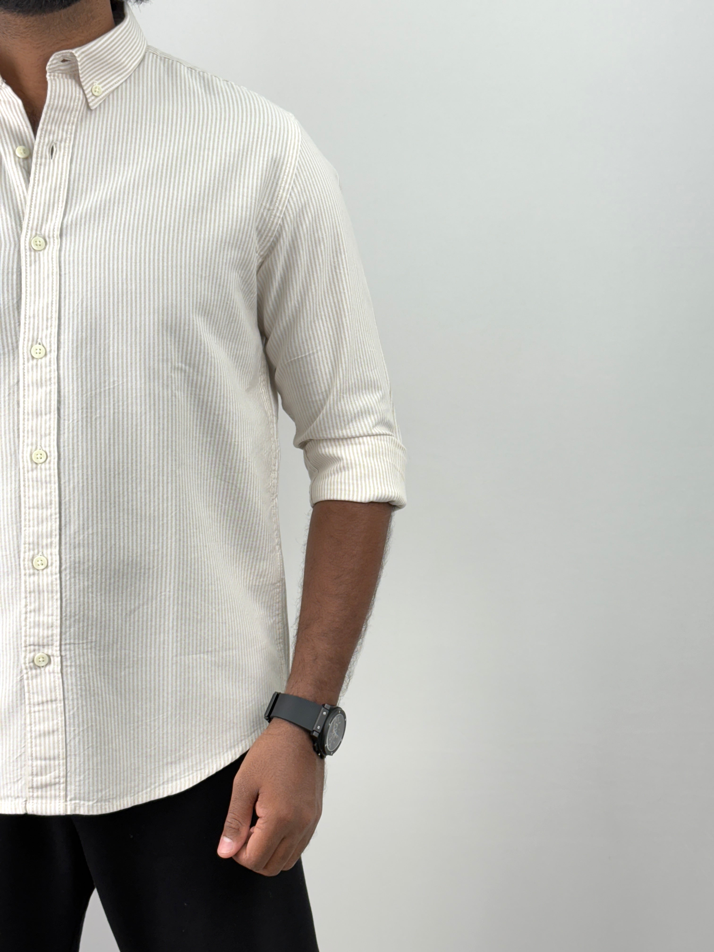 Beige Elbow Patch Stripe Shirt