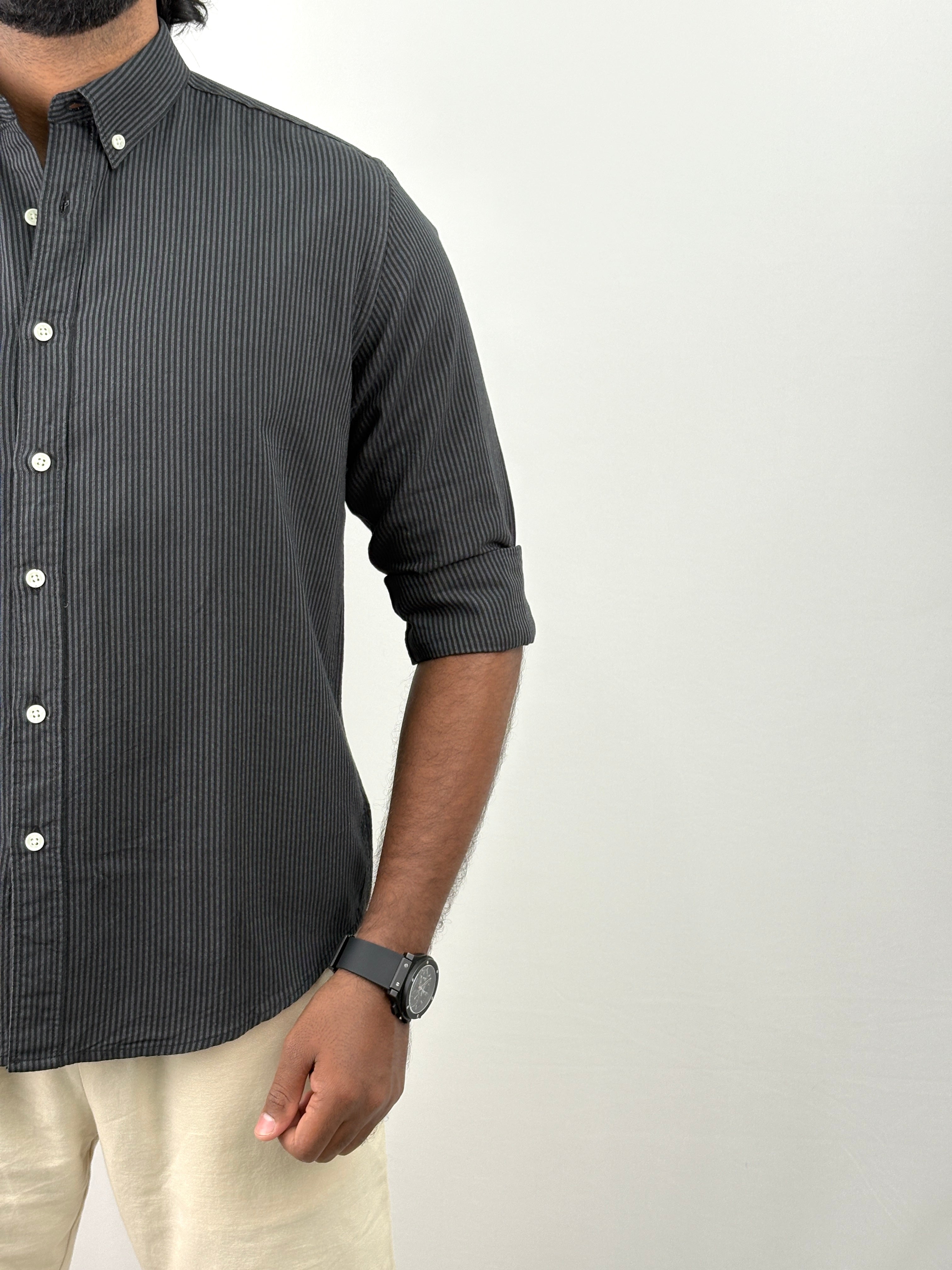 Black Elbow Patch Stripe Shirt