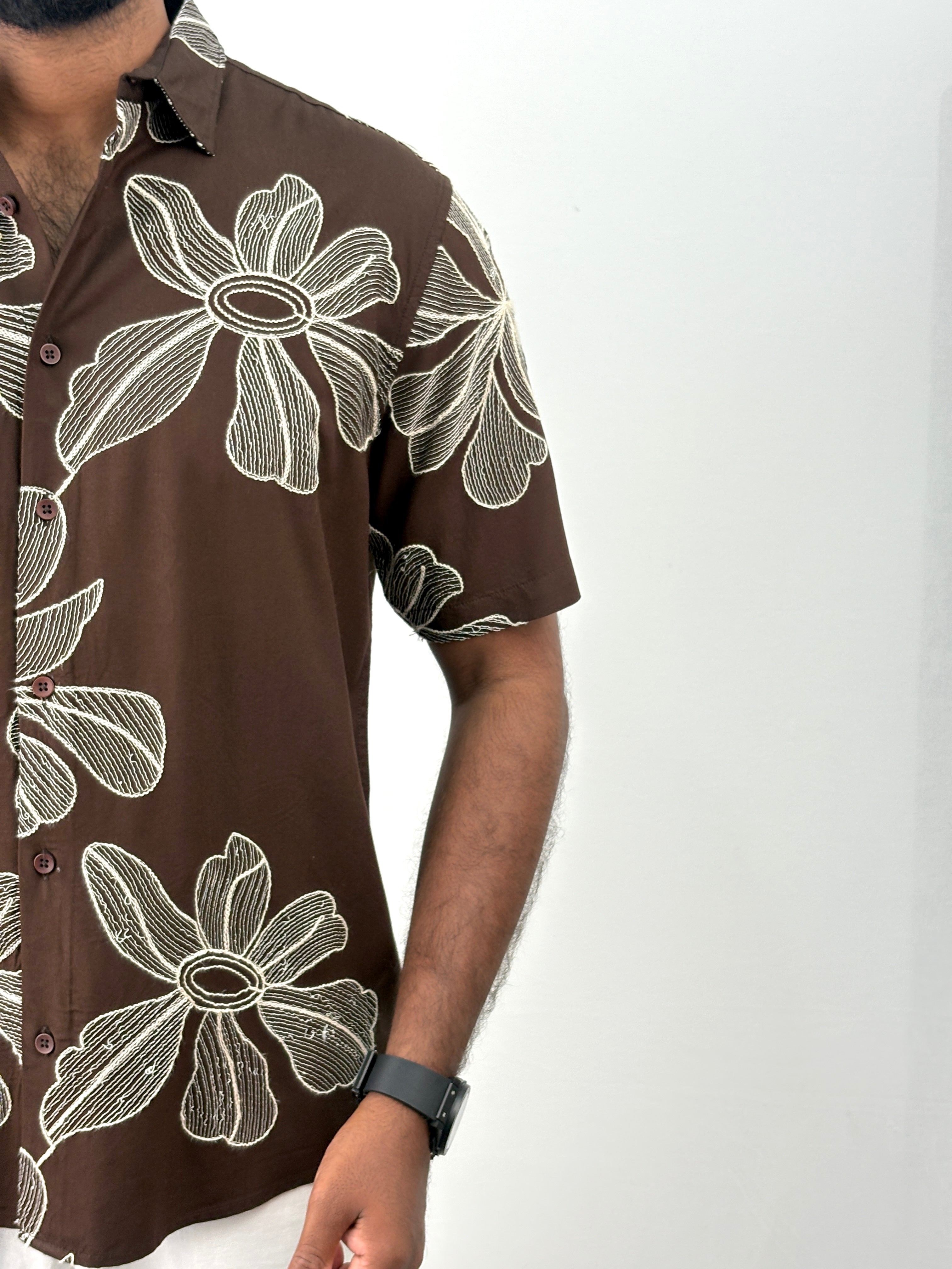 Brown Half Sleeve Embrodery Shirt