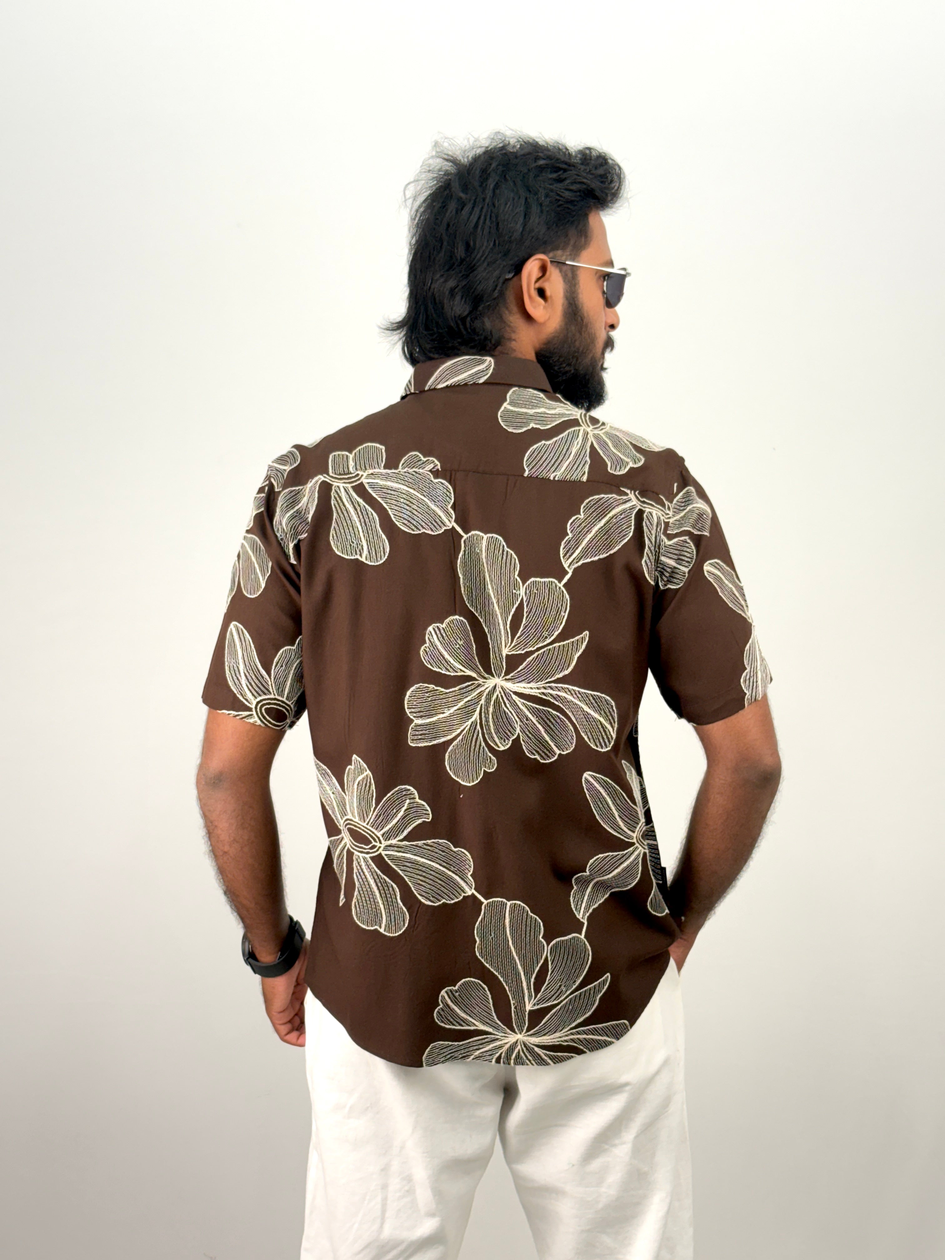 Brown Half Sleeve Embrodery Shirt