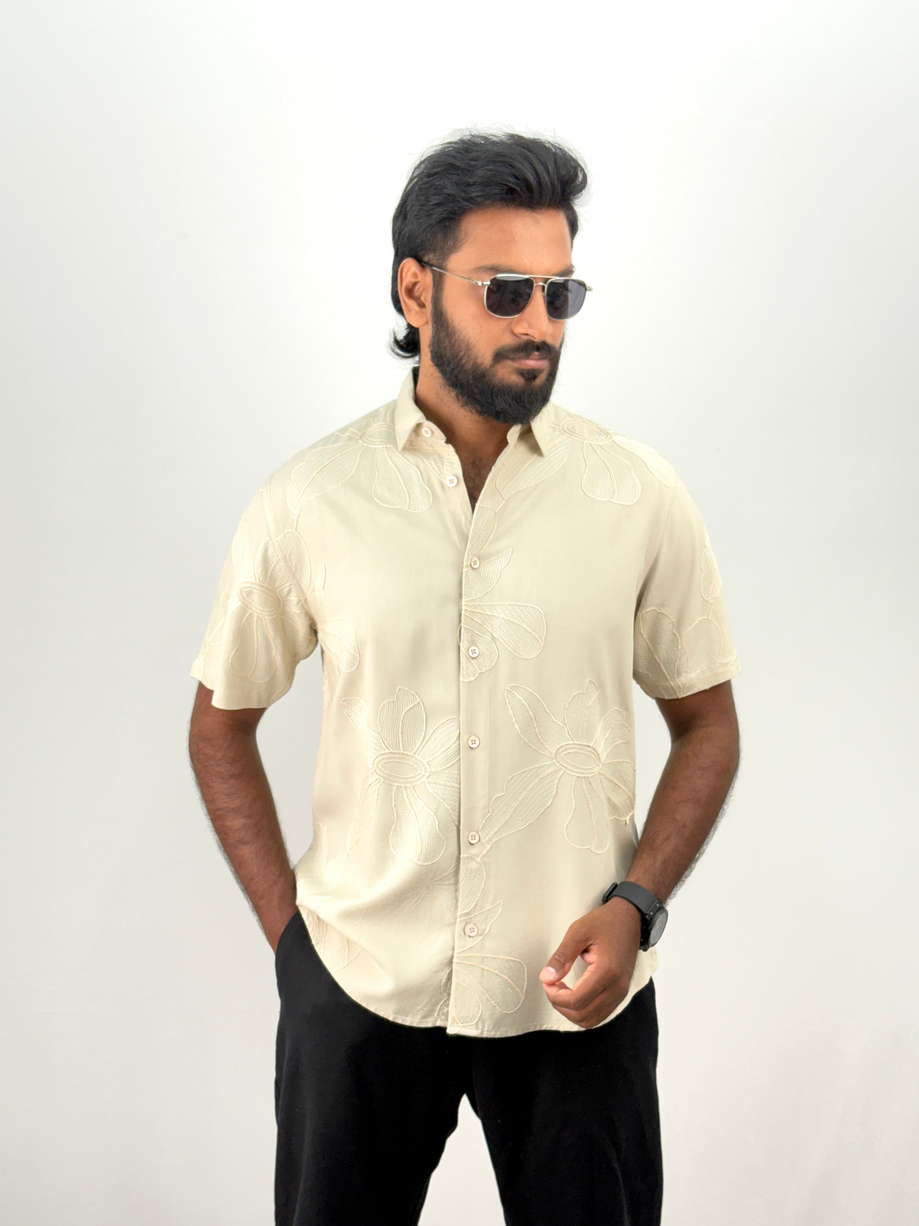 Beige Half Sleeve Embrodery Shirt