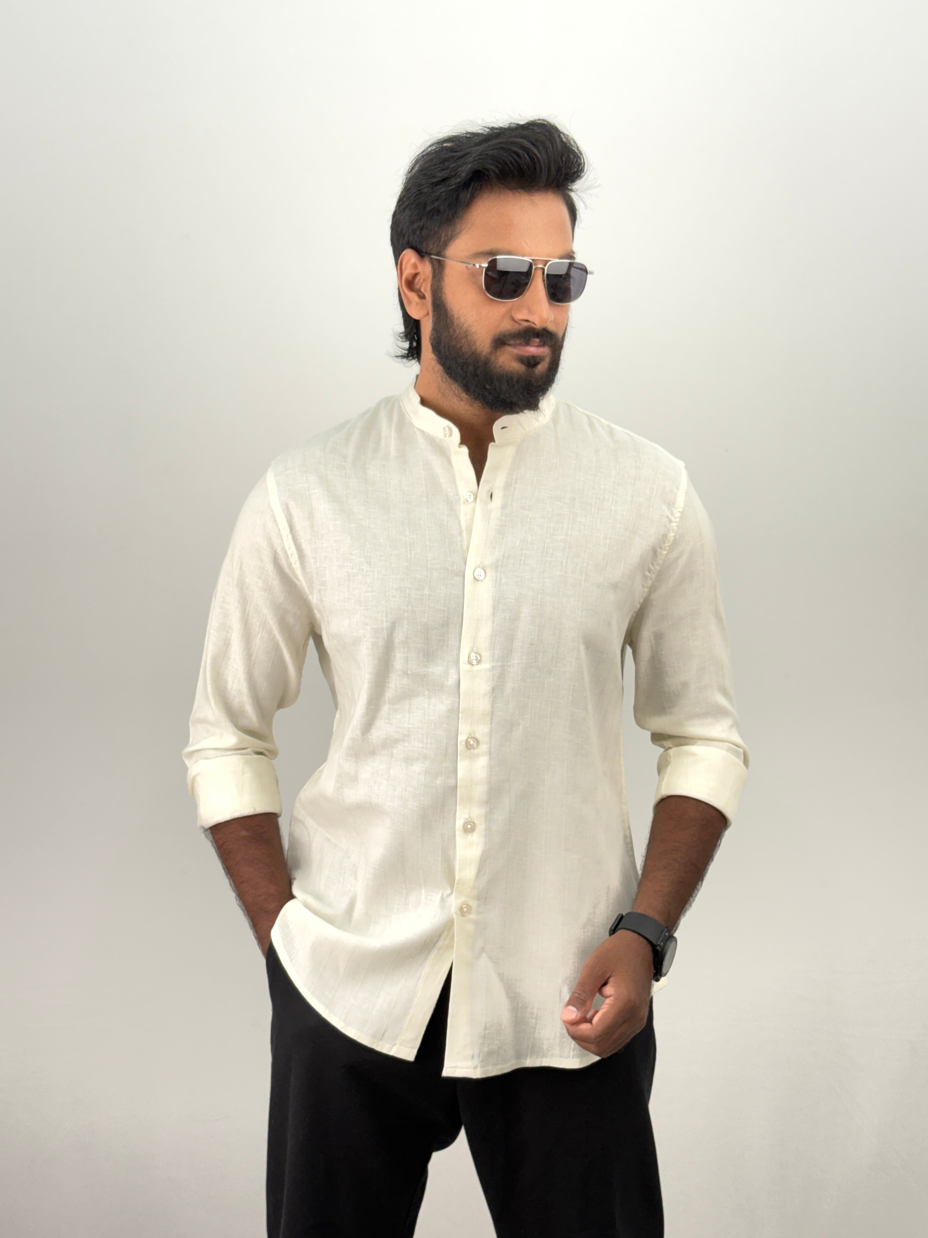 Cream Mandarin Collar Stripe Shirt