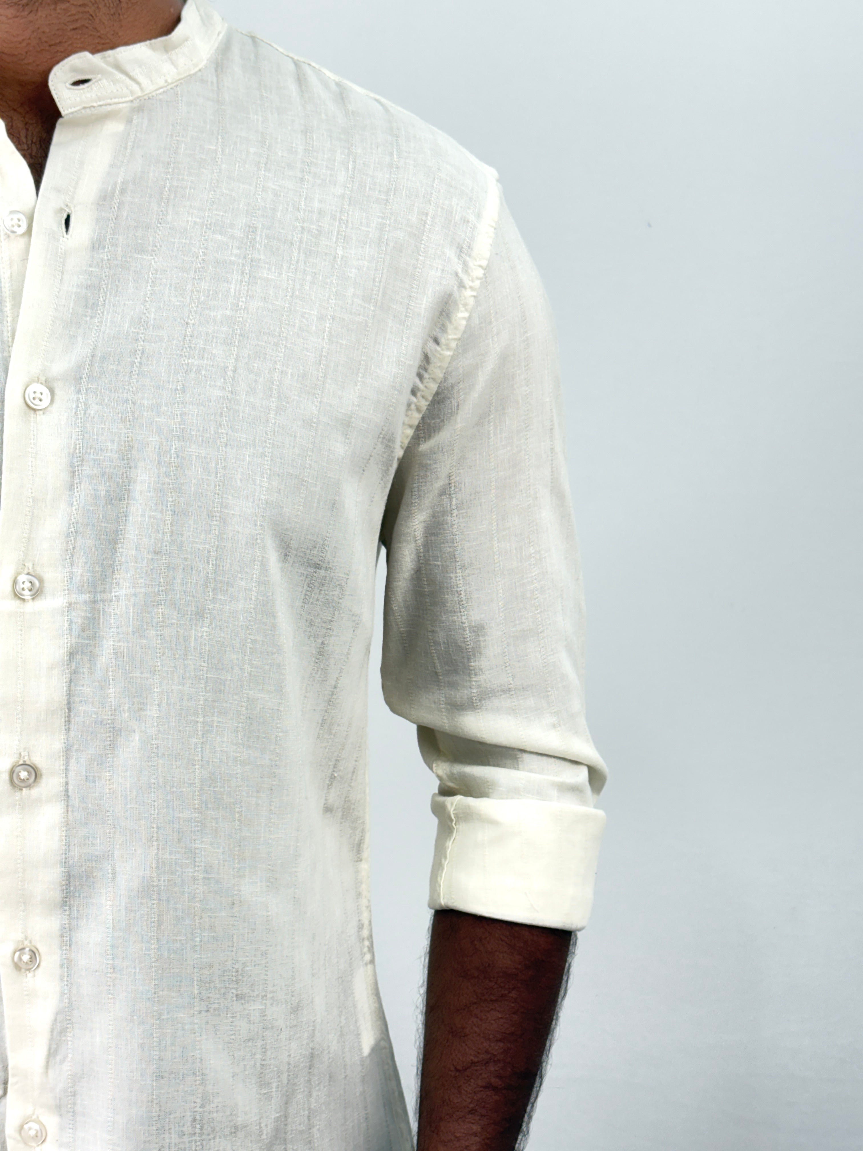 Cream Mandarin Collar Stripe Shirt