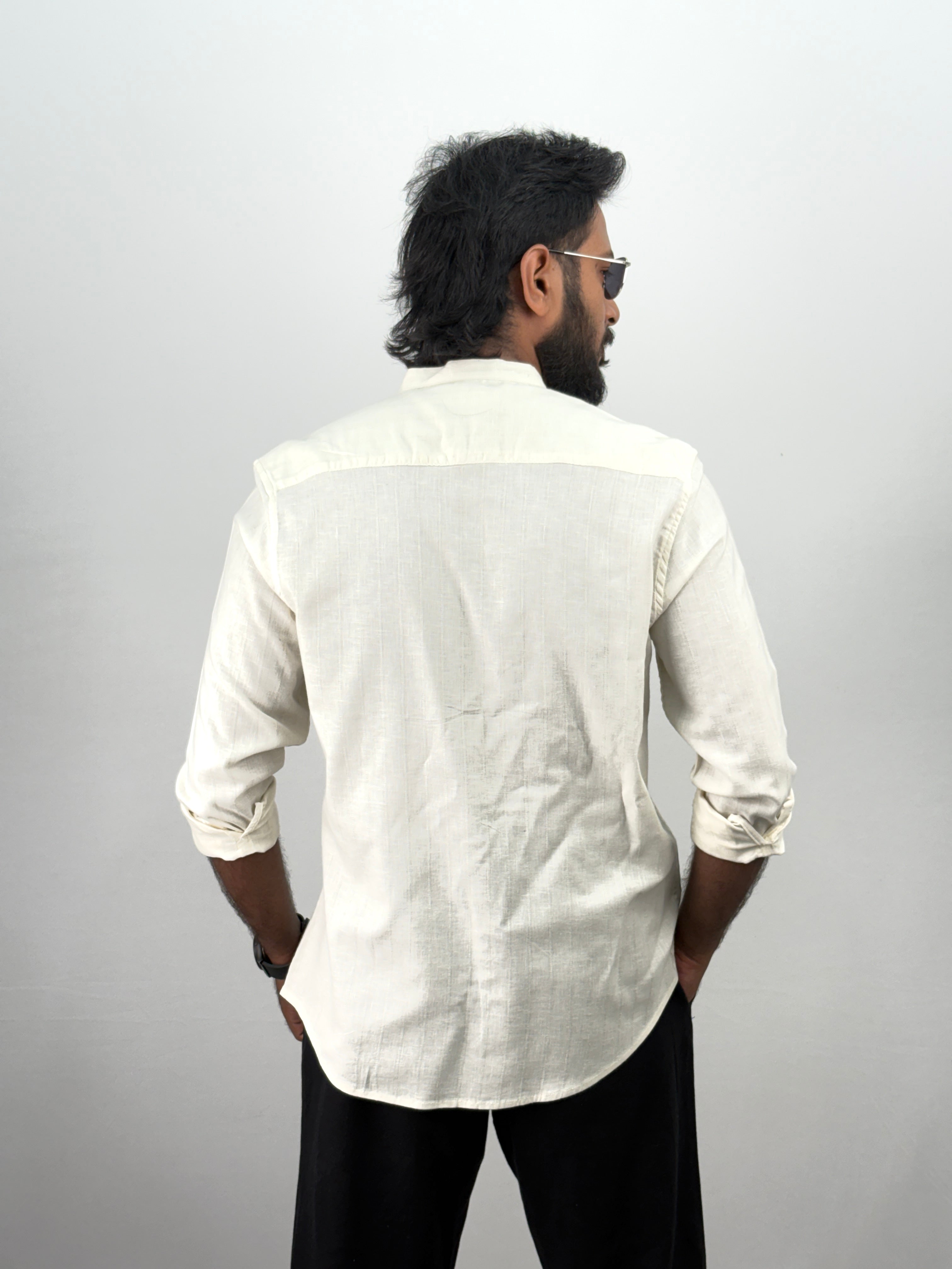 Cream Mandarin Collar Stripe Shirt
