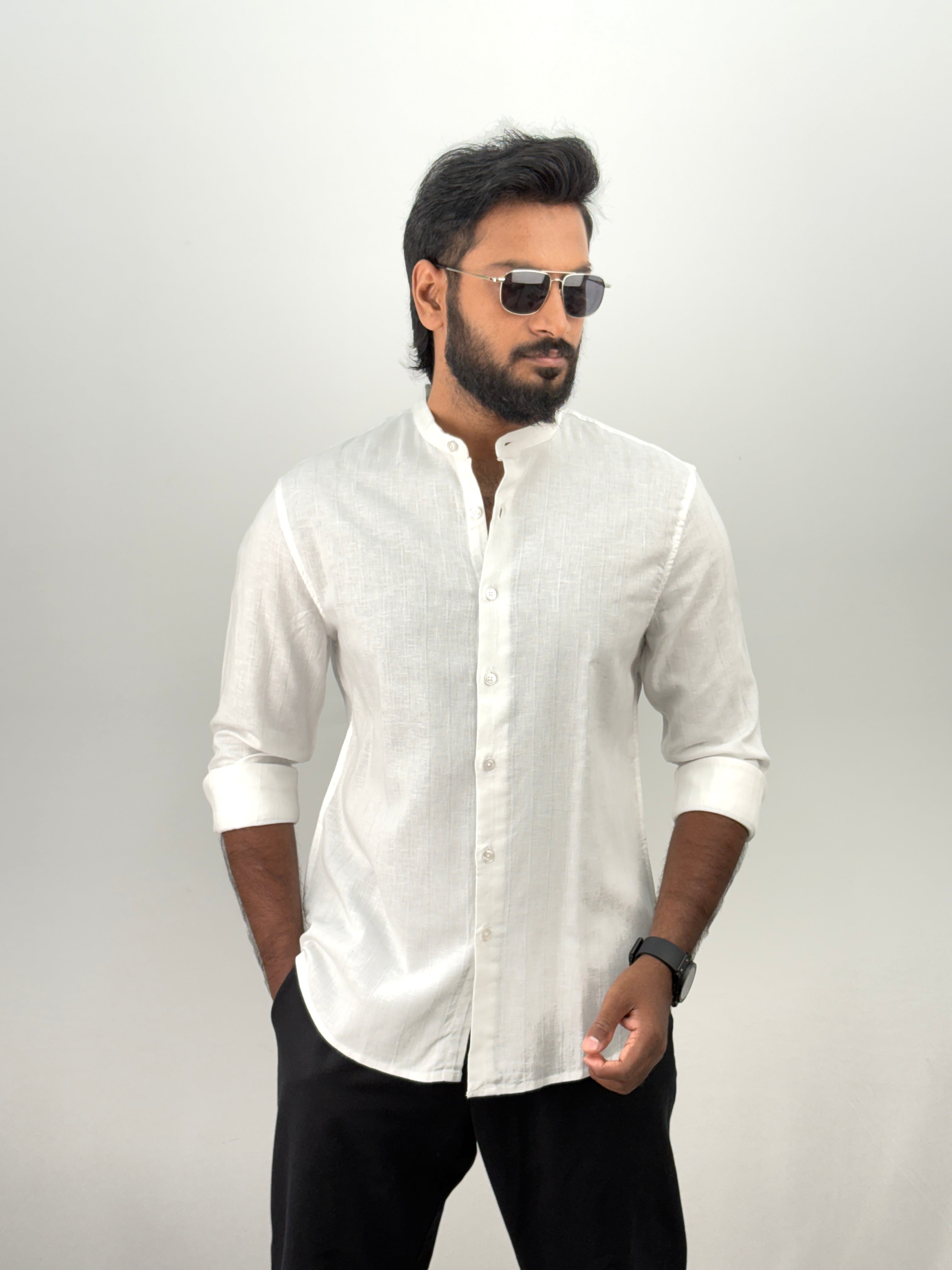White Mandarin Collar Stripe Shirt