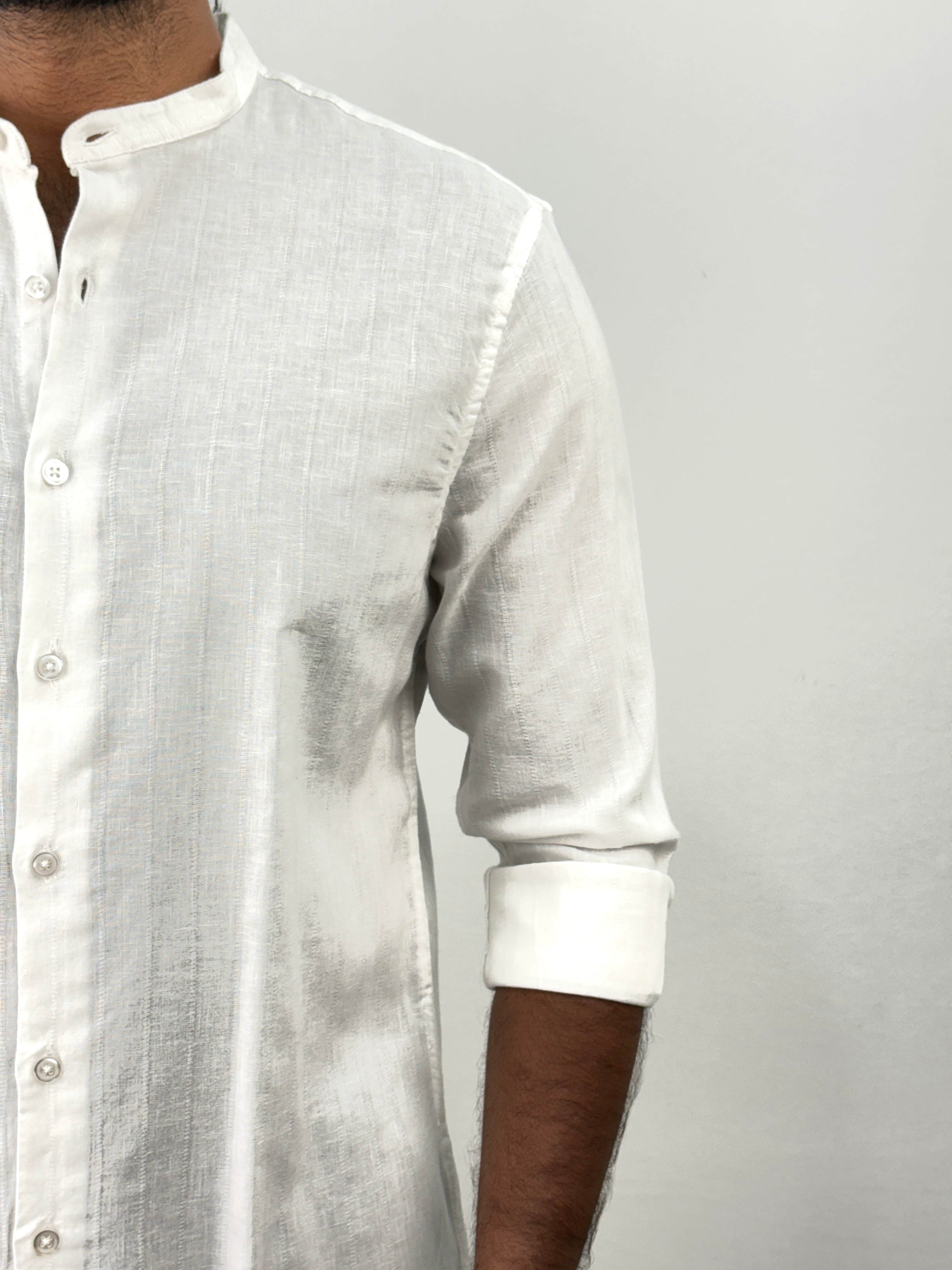 White Mandarin Collar Stripe Shirt