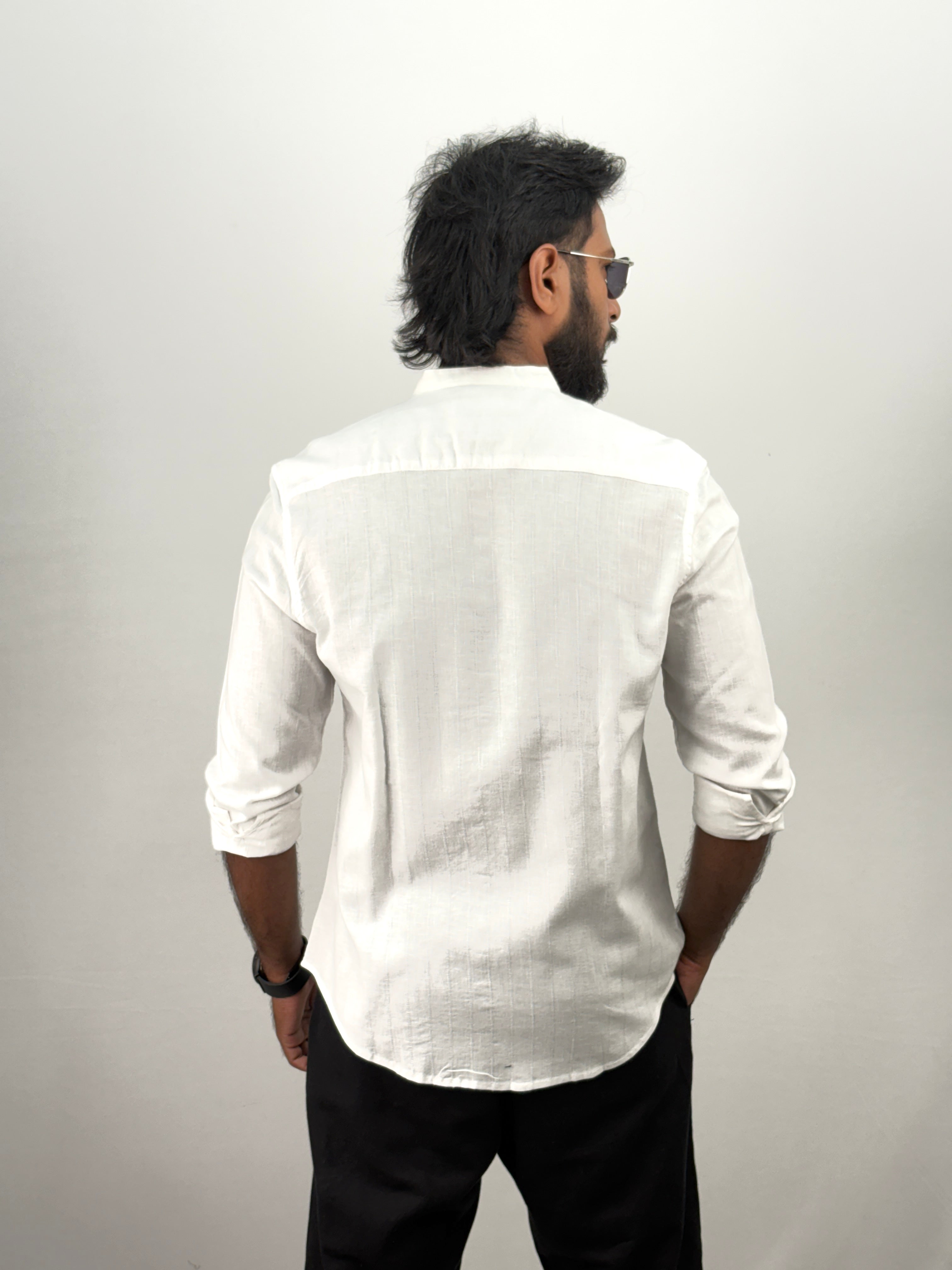 White Mandarin Collar Stripe Shirt