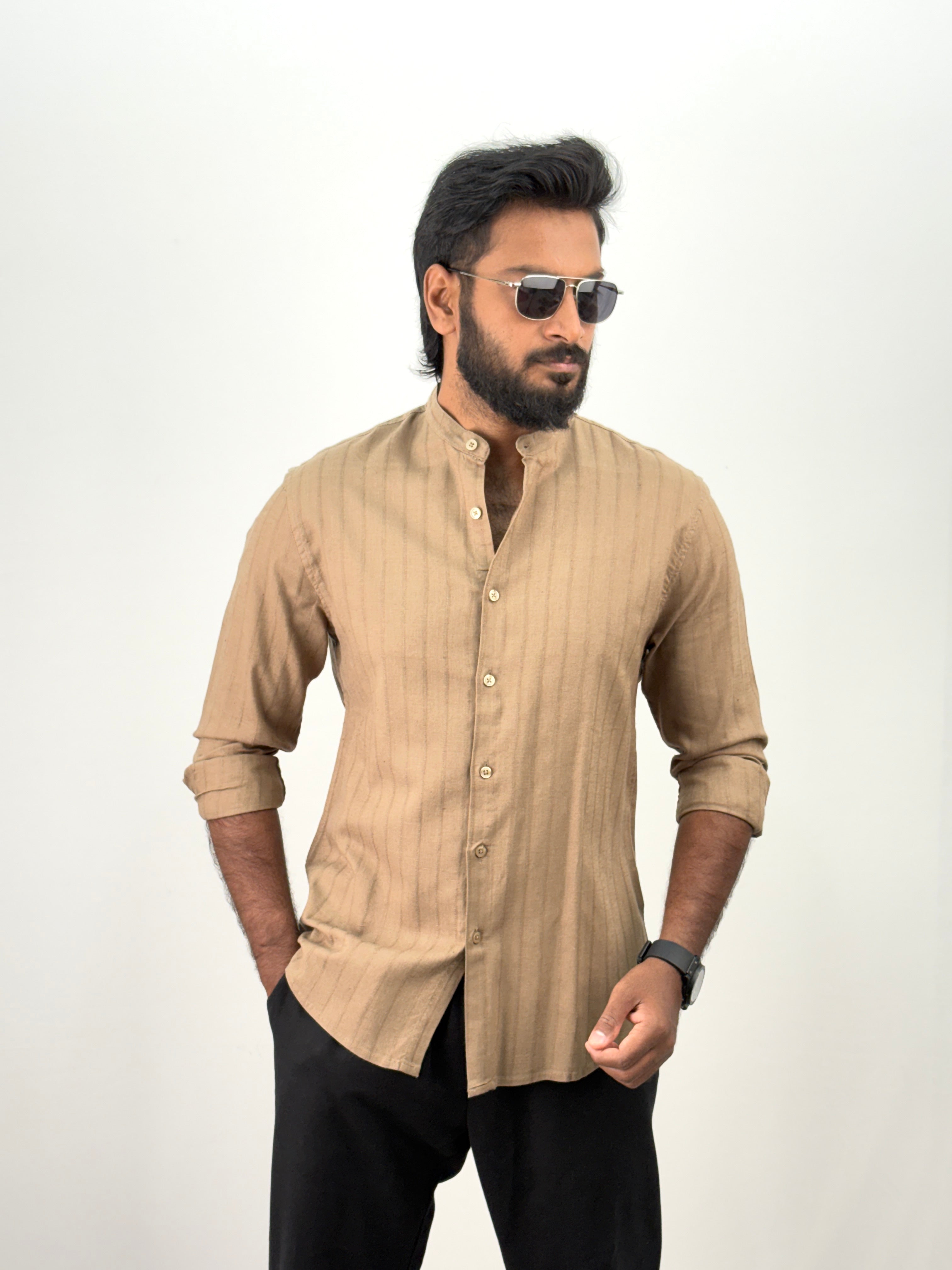 Light Brown Mandarin Collar Stripe Shirt