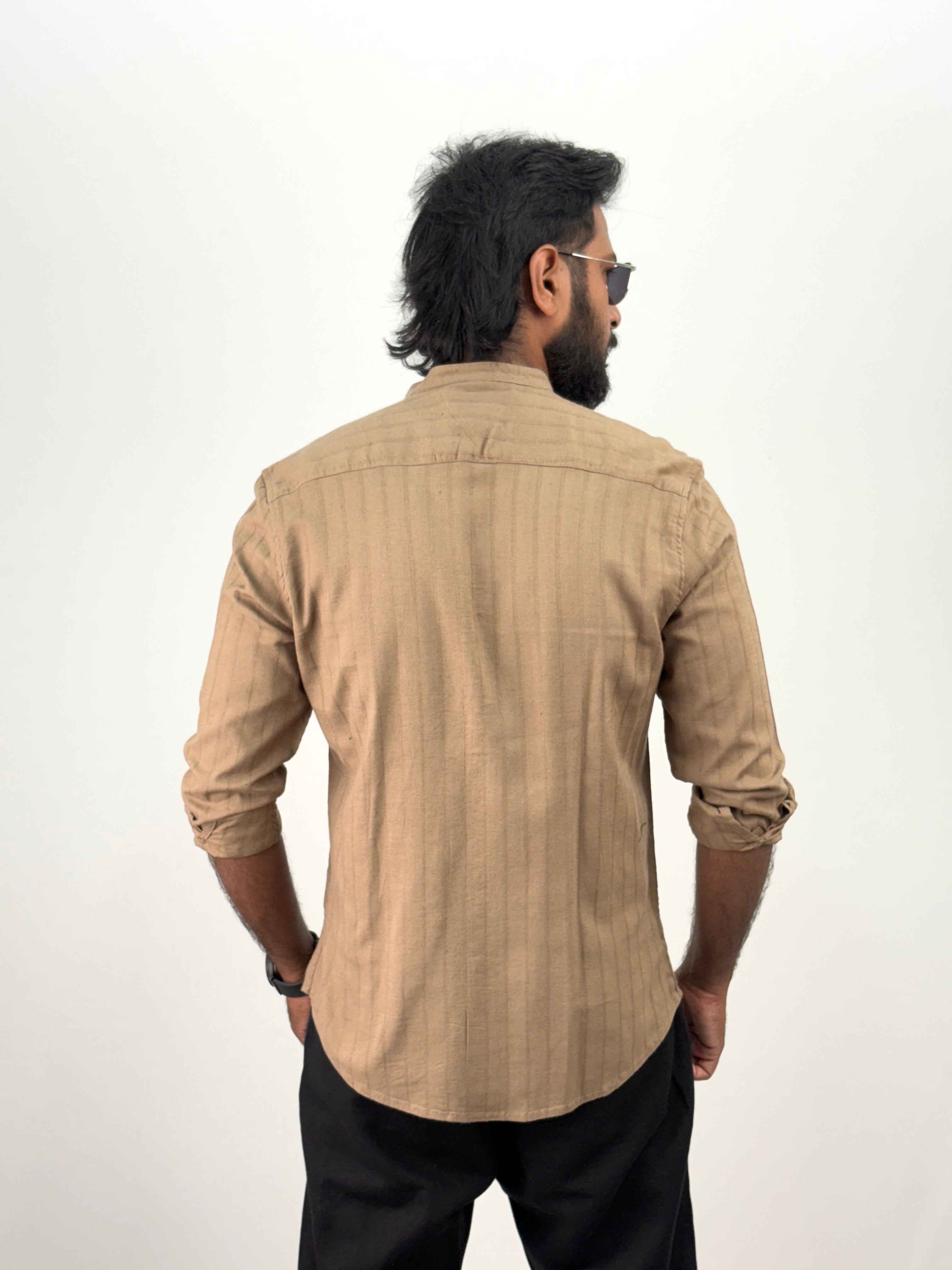 Light Brown Mandarin Collar Stripe Shirt