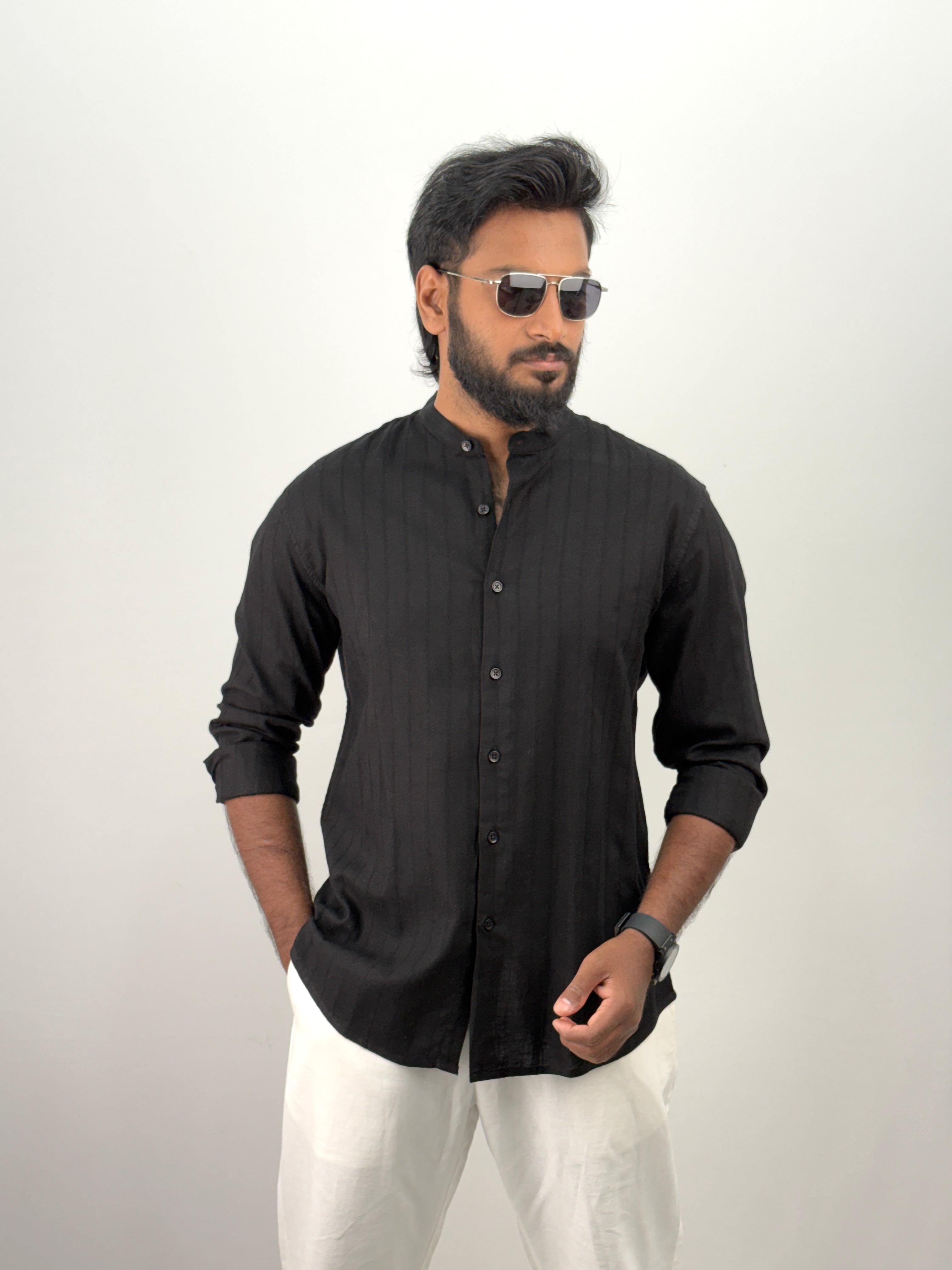 Black Mandarin Collar Stripe Shirt