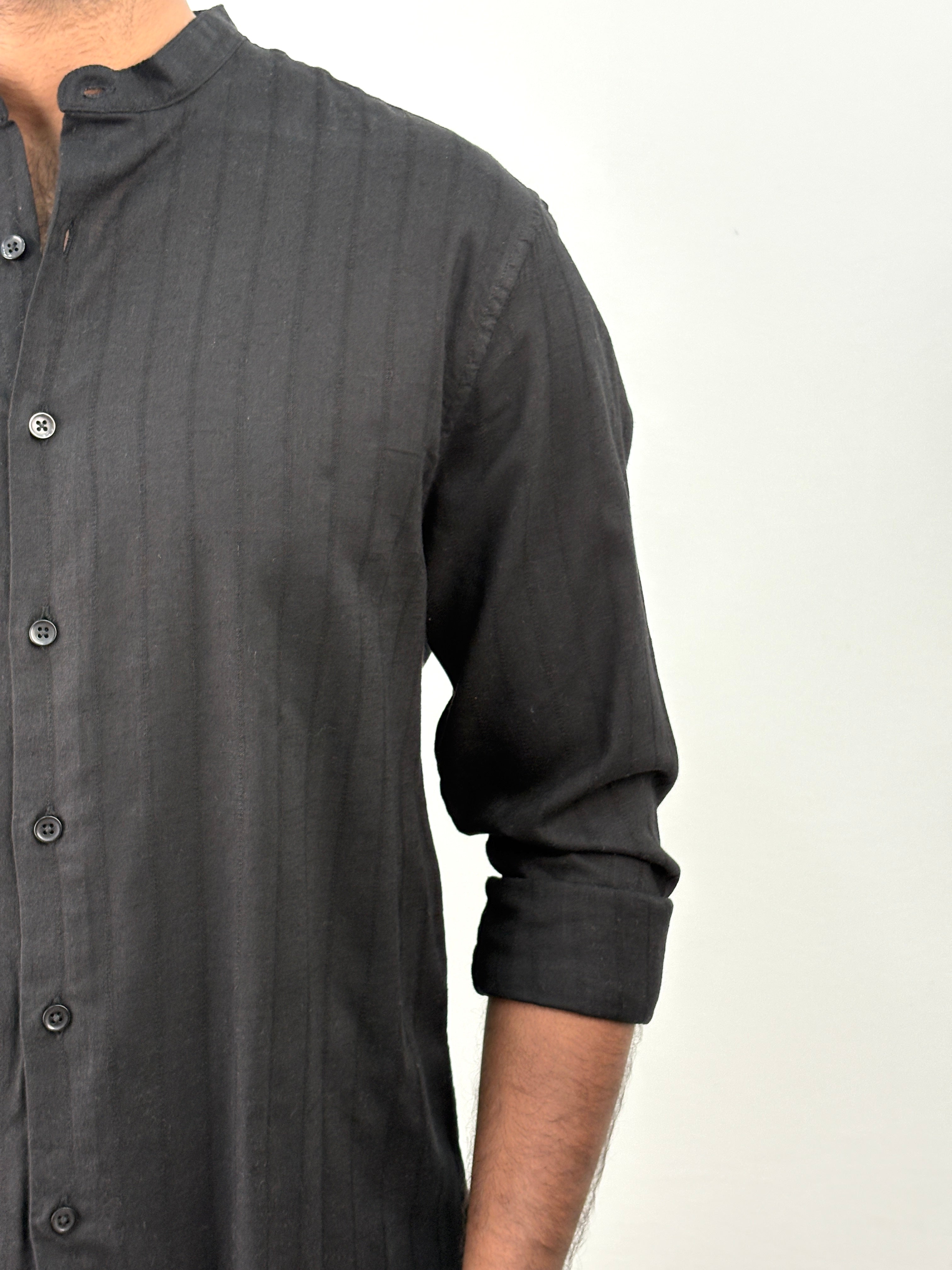 Black Mandarin Collar Stripe Shirt
